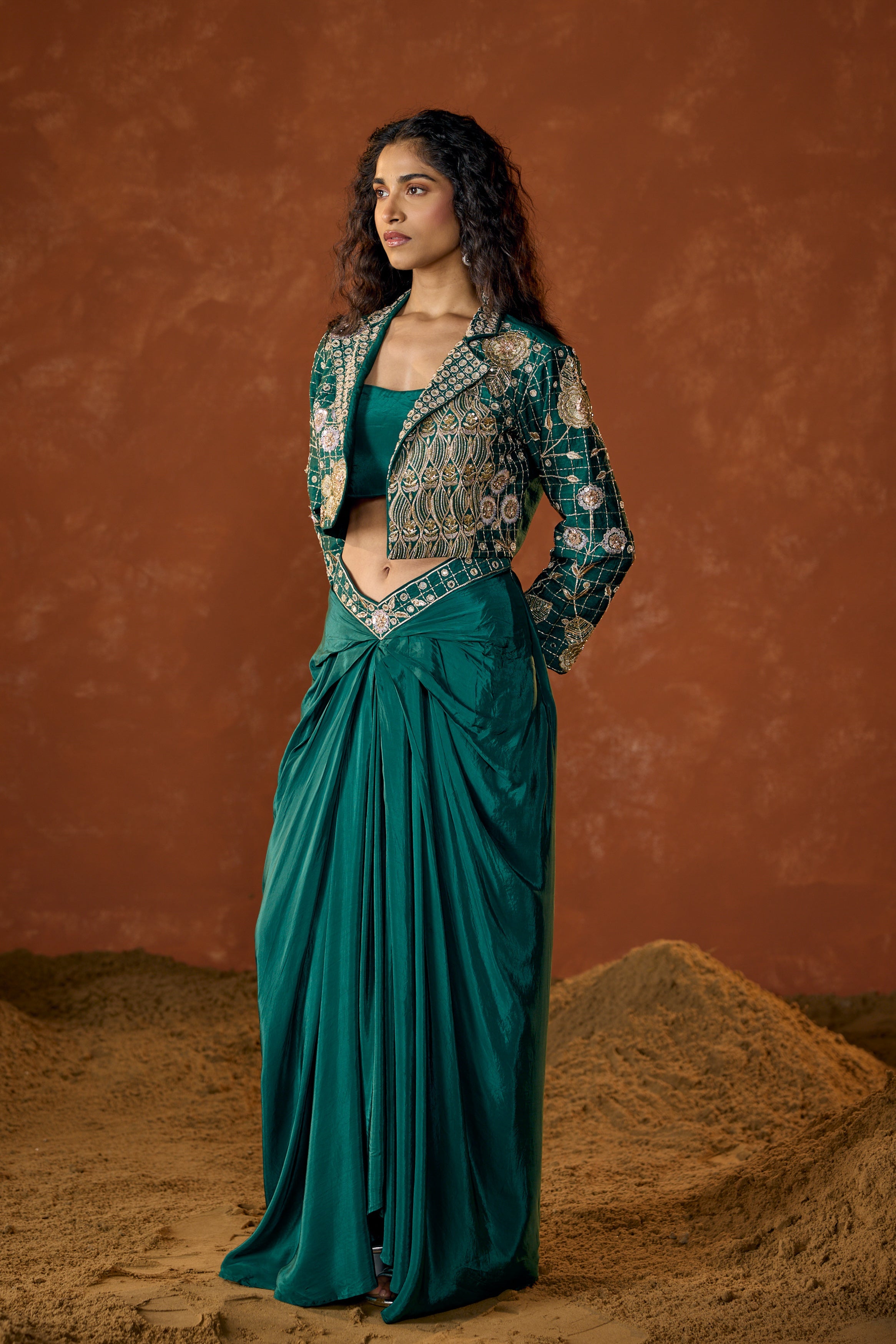 Emerald Green Embellished Satin Silk Skirt Set
