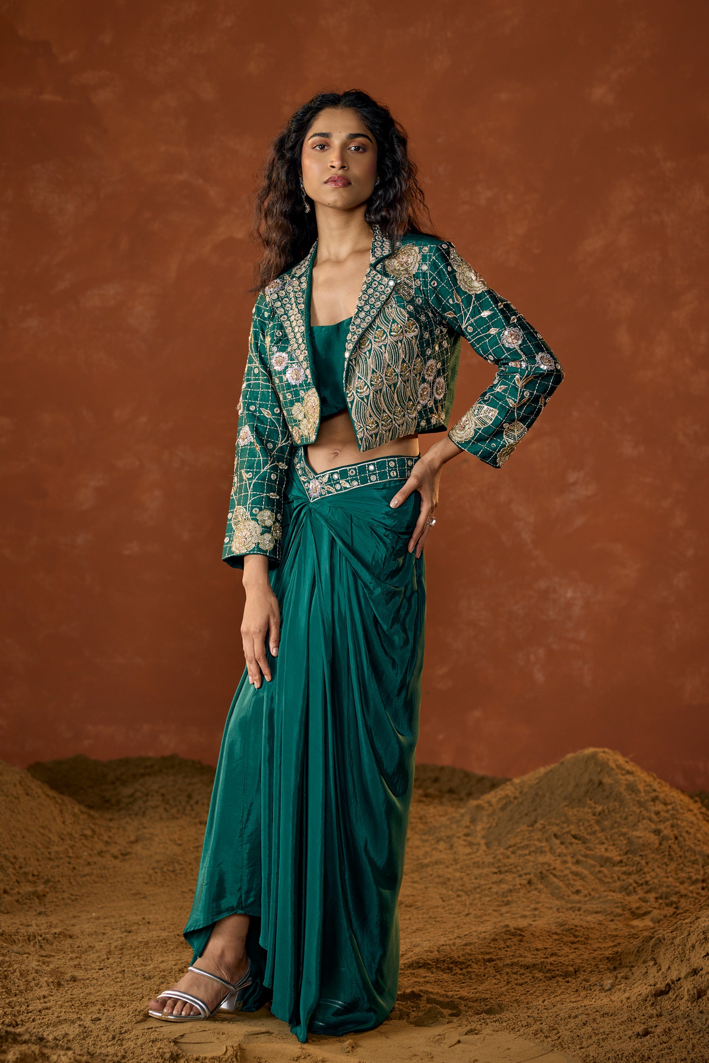 Emerald Green Embellished Satin Silk Skirt Set