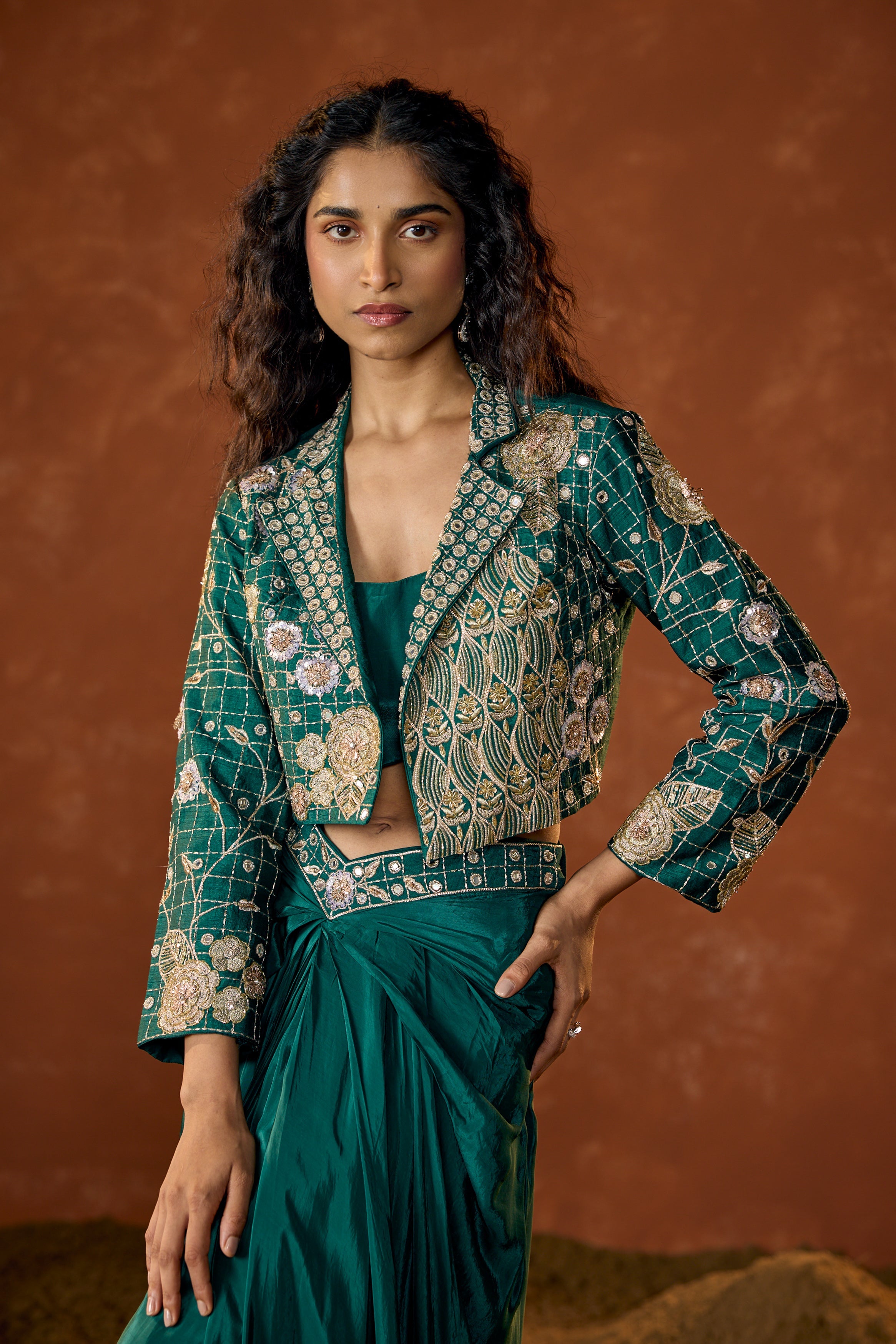 Emerald Green Embellished Satin Silk Skirt Set