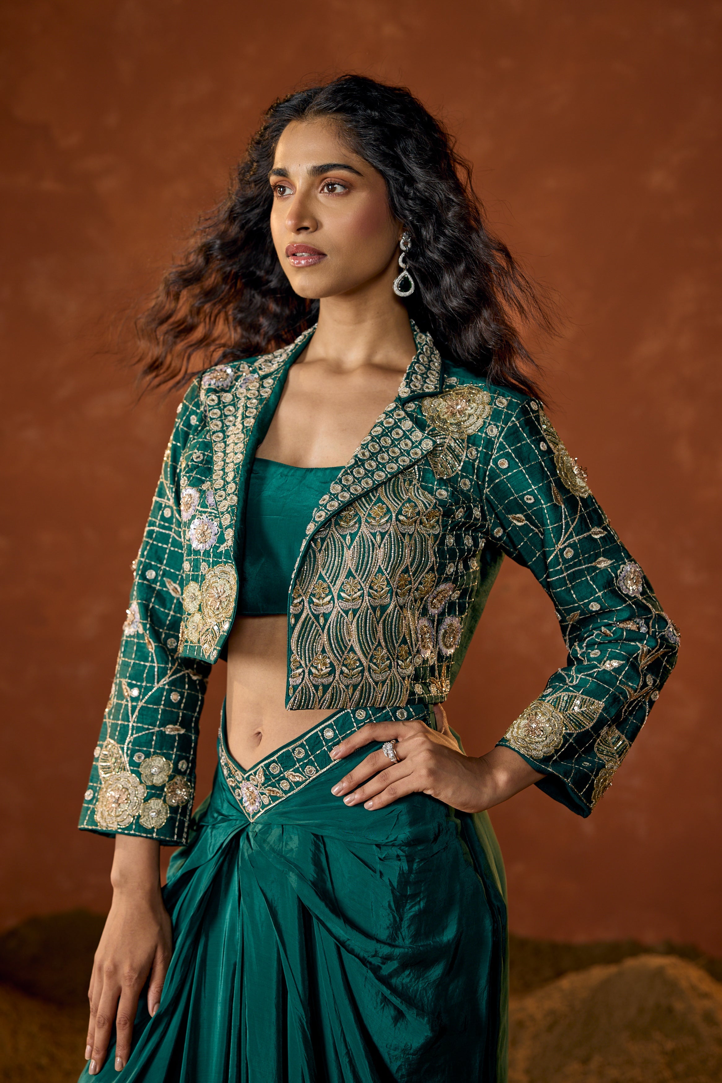 Emerald Green Embellished Satin Silk Skirt Set