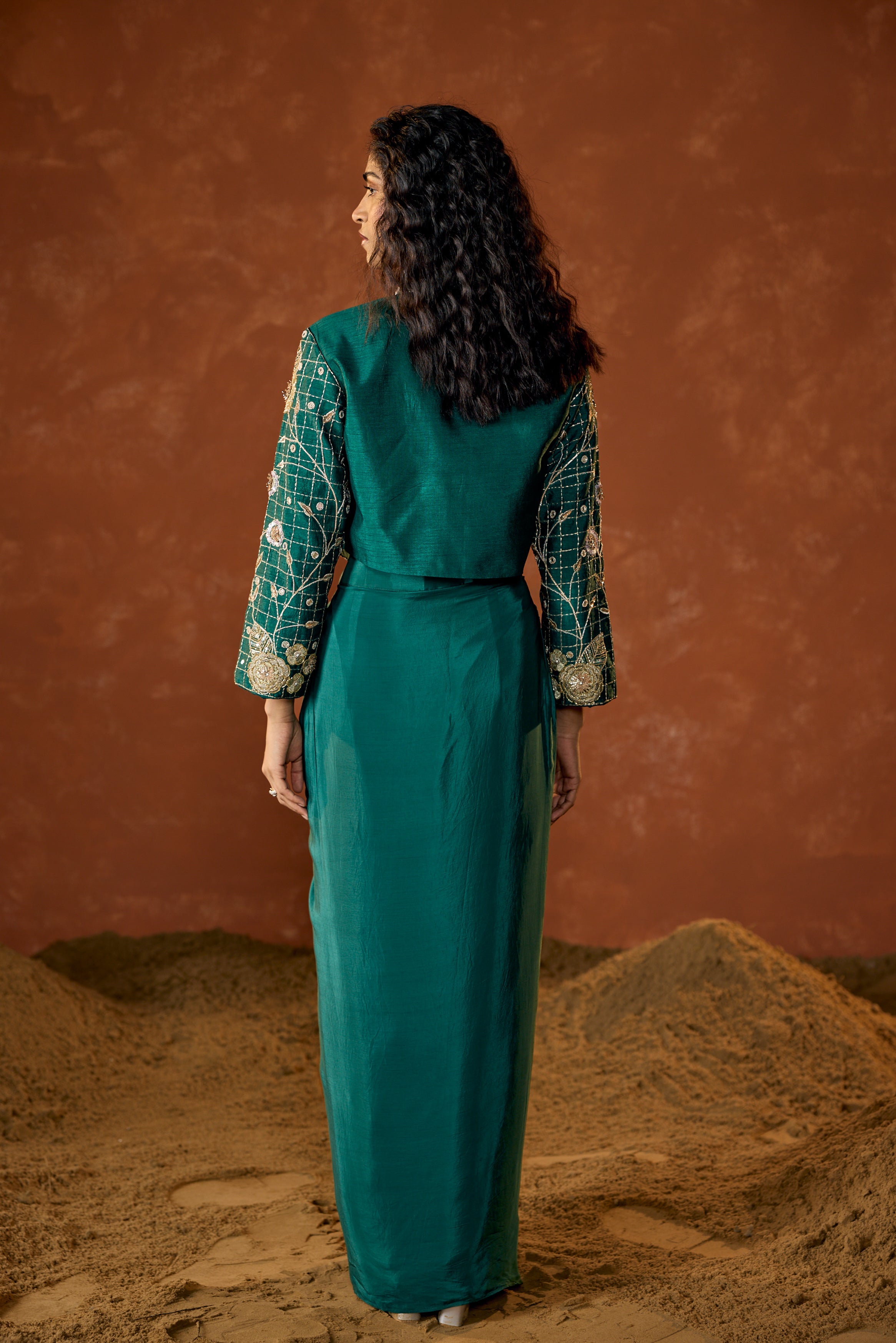 Emerald Green Embellished Satin Silk Skirt Set