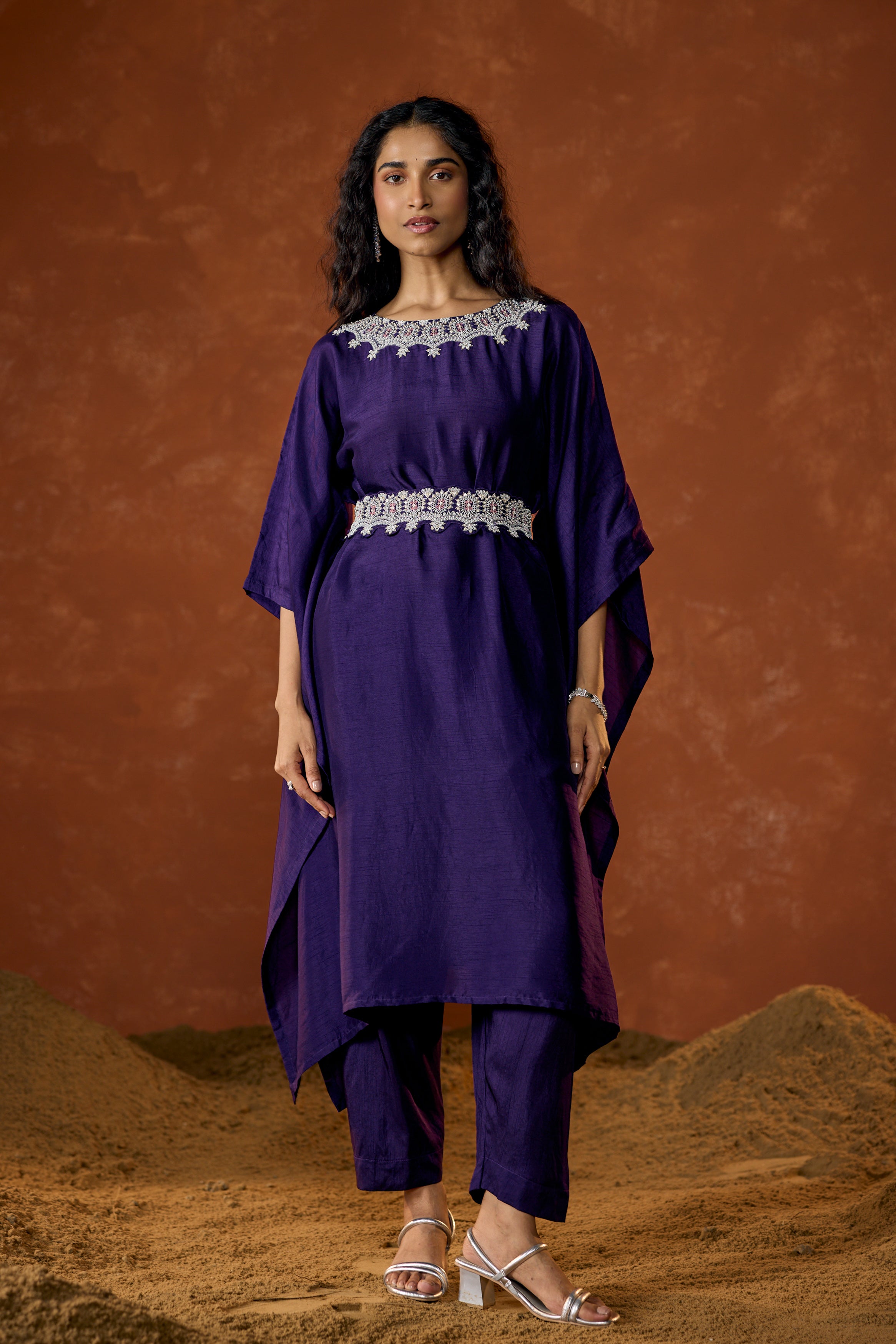 Imperial Purple Embellished Raw Silk Kaftan Set