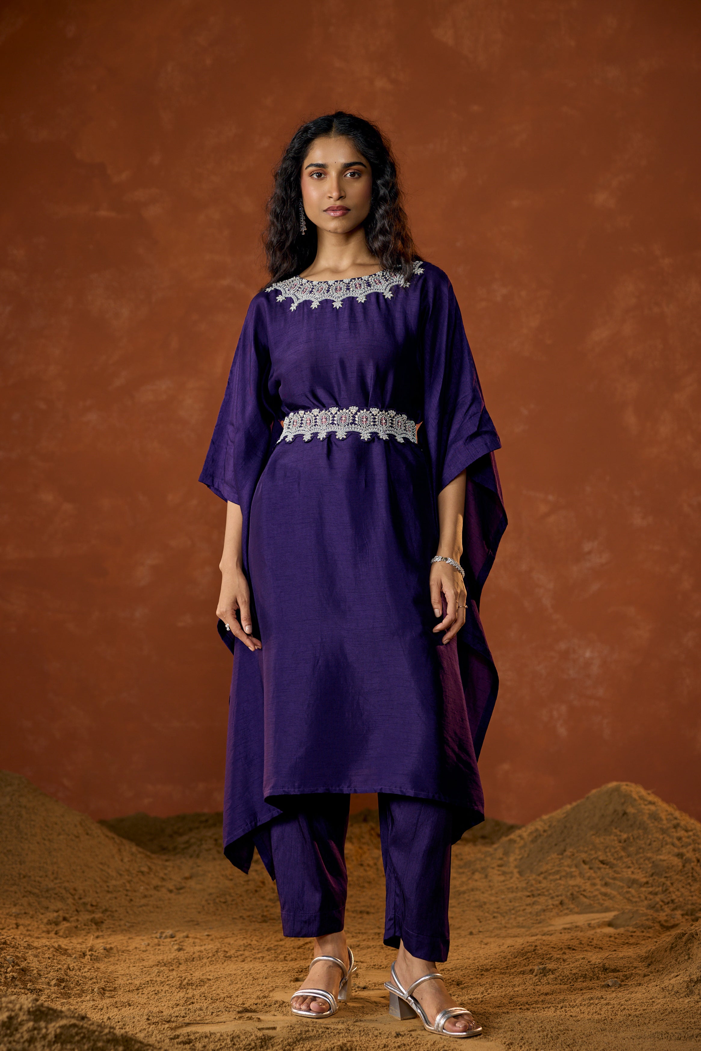 Imperial Purple Embellished Raw Silk Kaftan Set