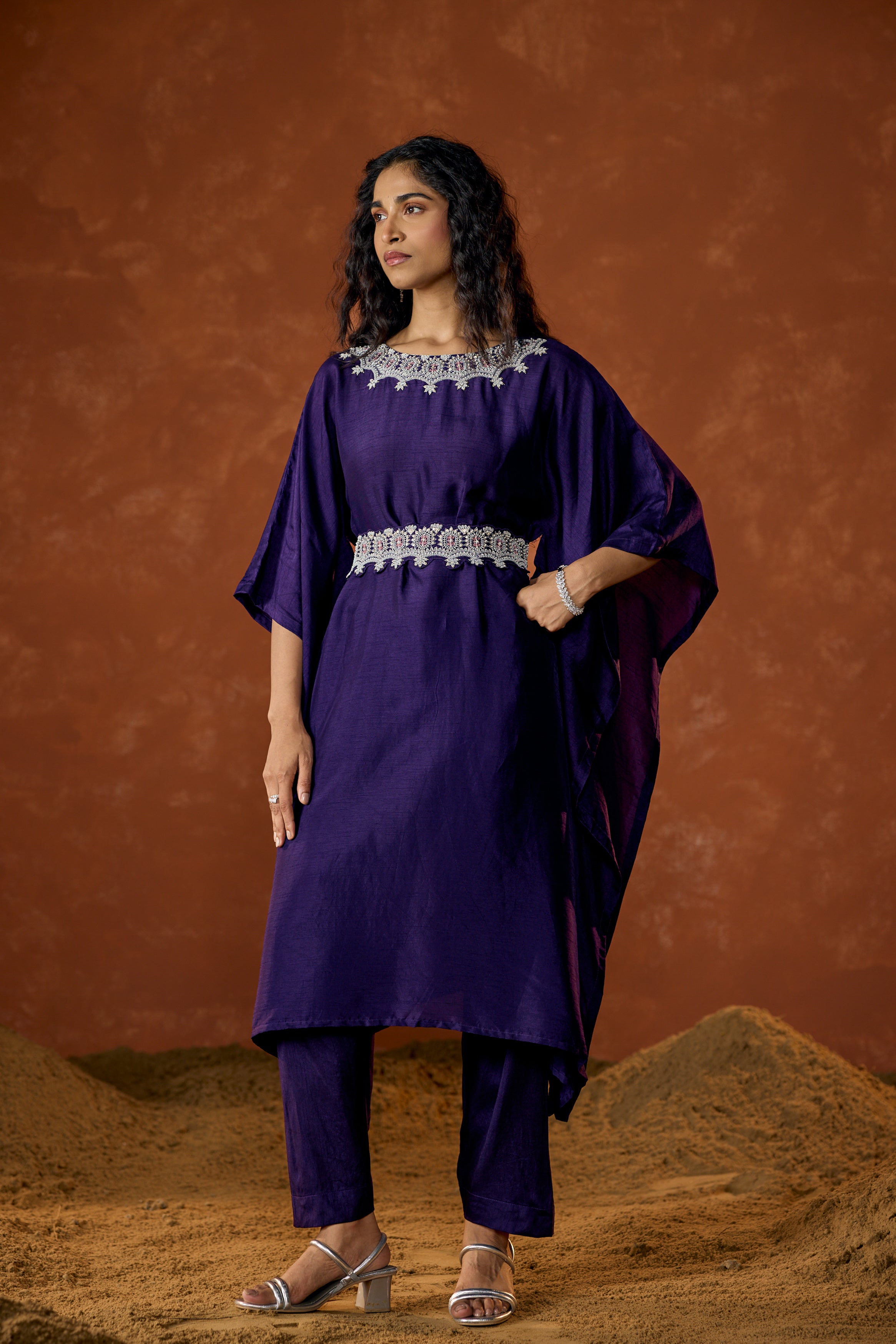 Imperial Purple Embellished Raw Silk Kaftan Set