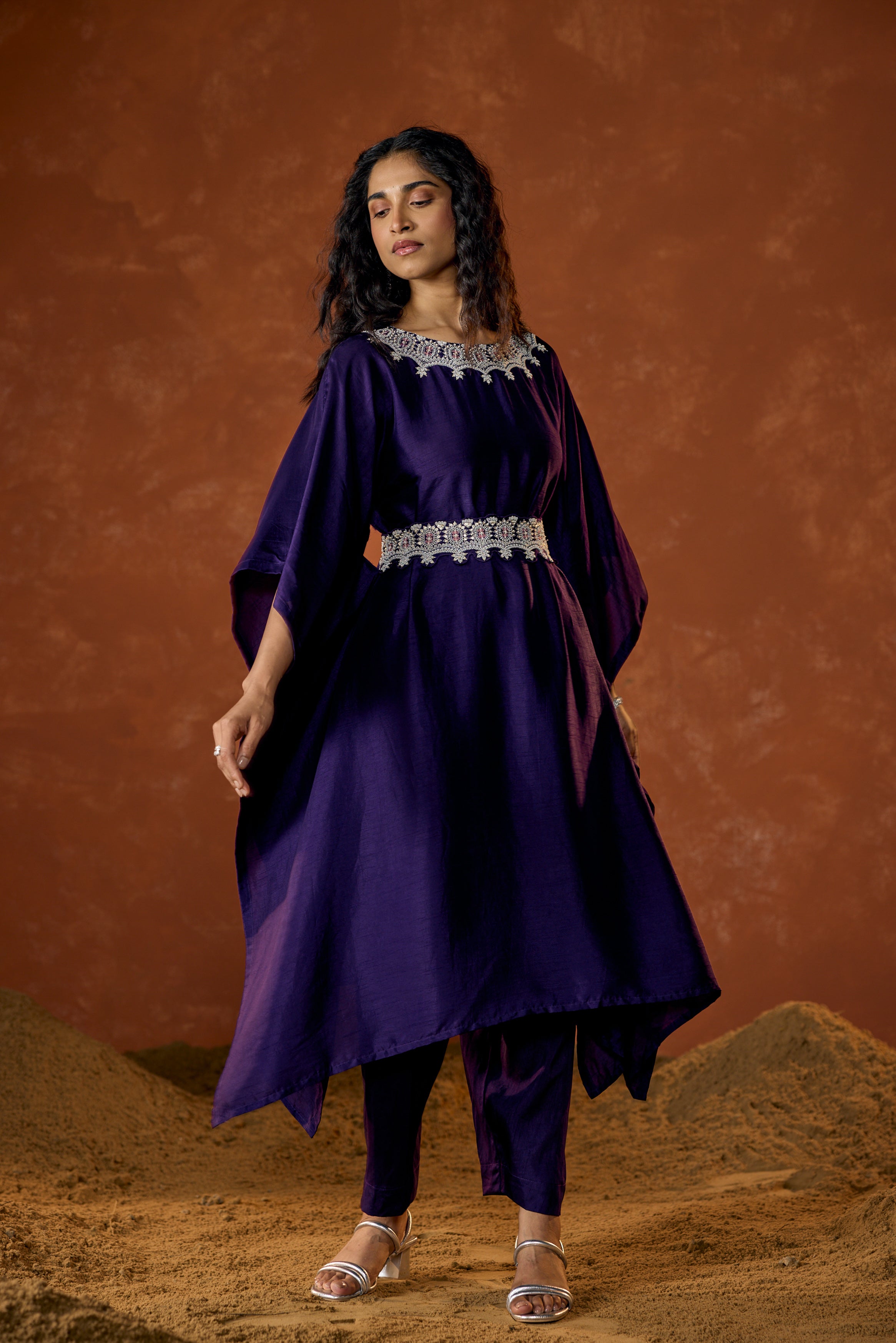 Imperial Purple Embellished Raw Silk Kaftan Set