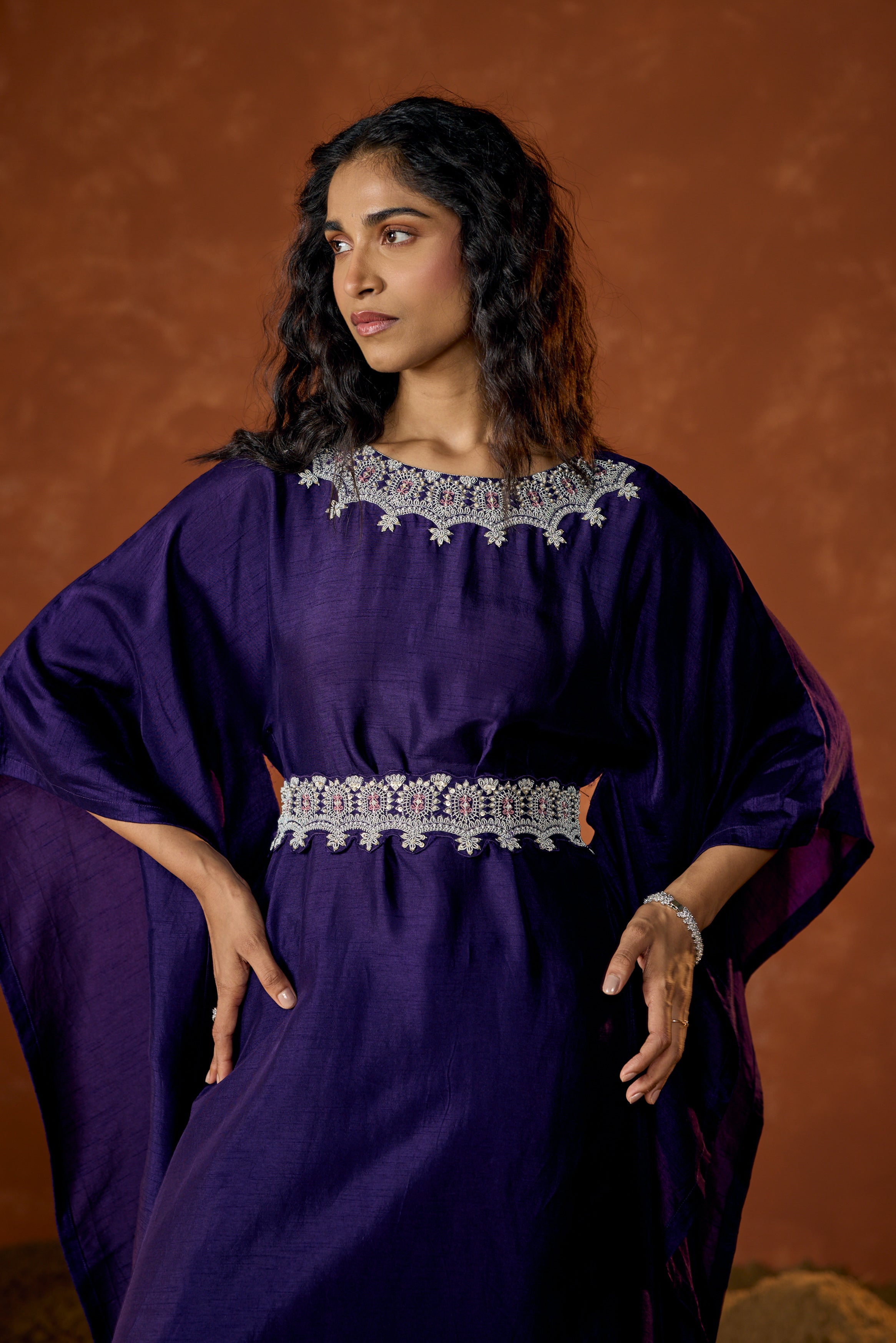 Imperial Purple Embellished Raw Silk Kaftan Set