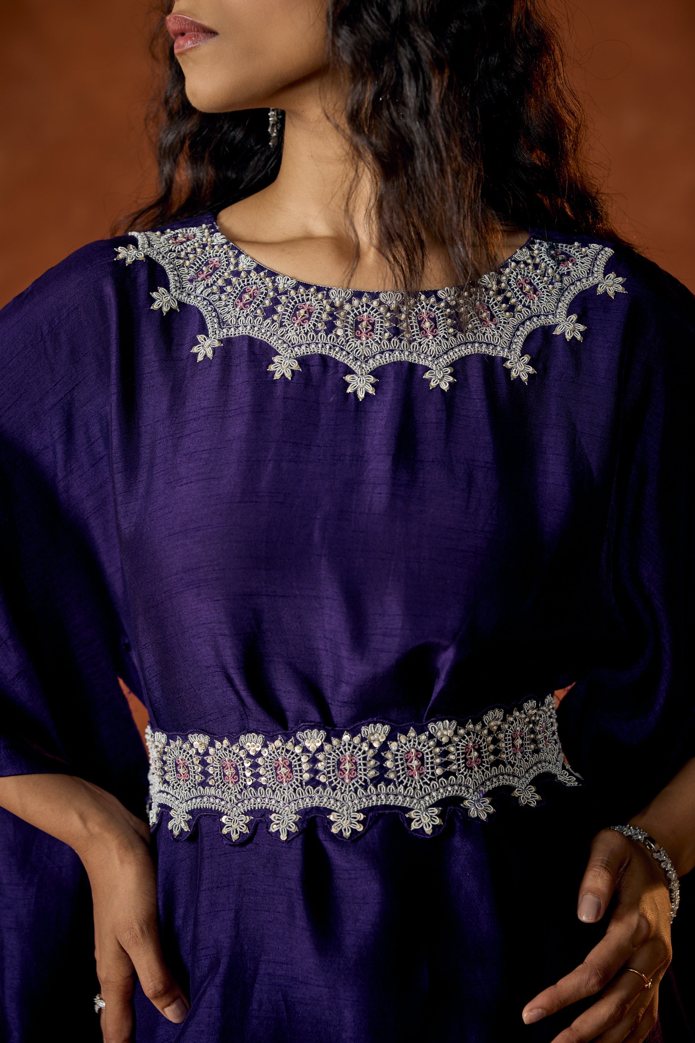 Imperial Purple Embellished Raw Silk Kaftan Set