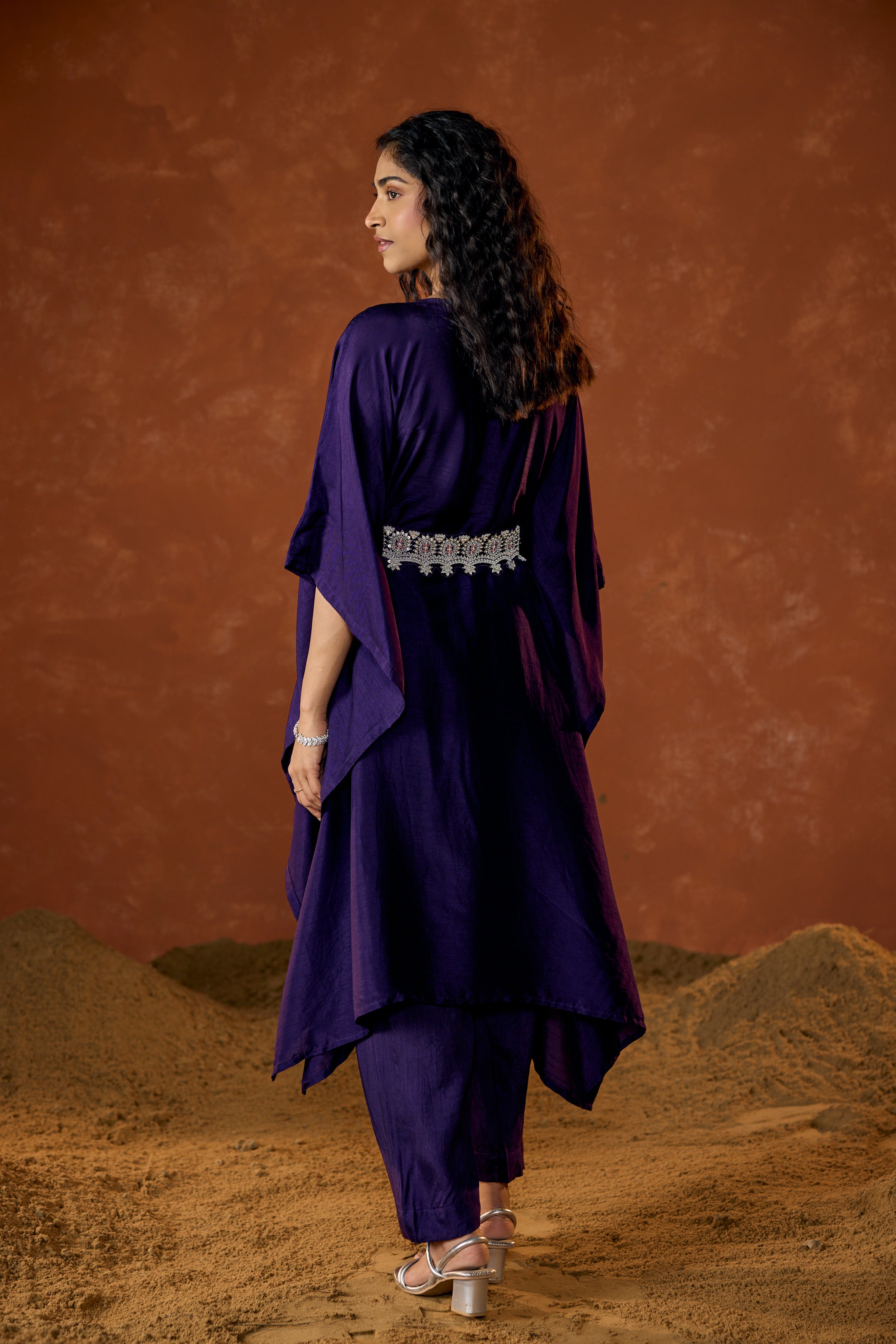 Imperial Purple Embellished Raw Silk Kaftan Set