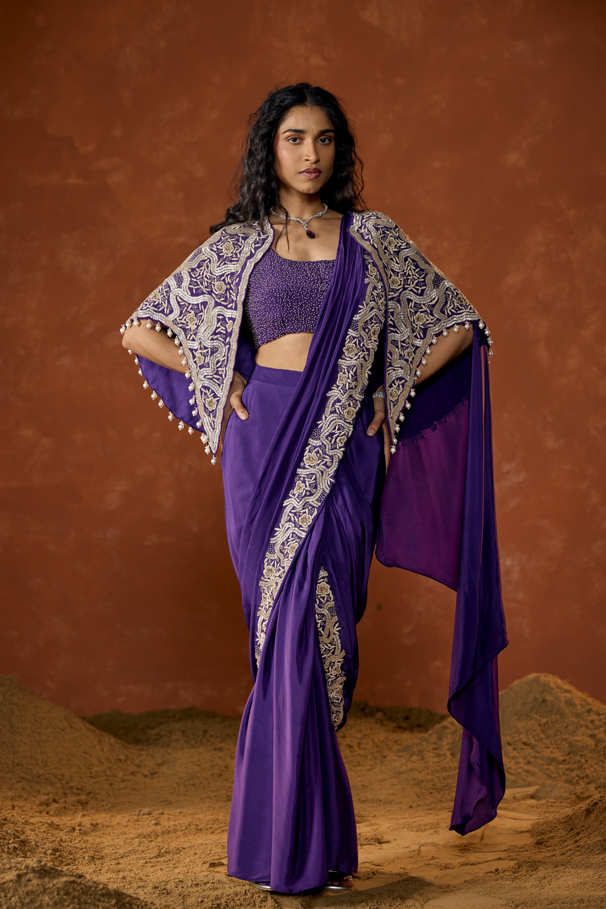 Royal Purple Embellished Chinon Silk Draped Saree