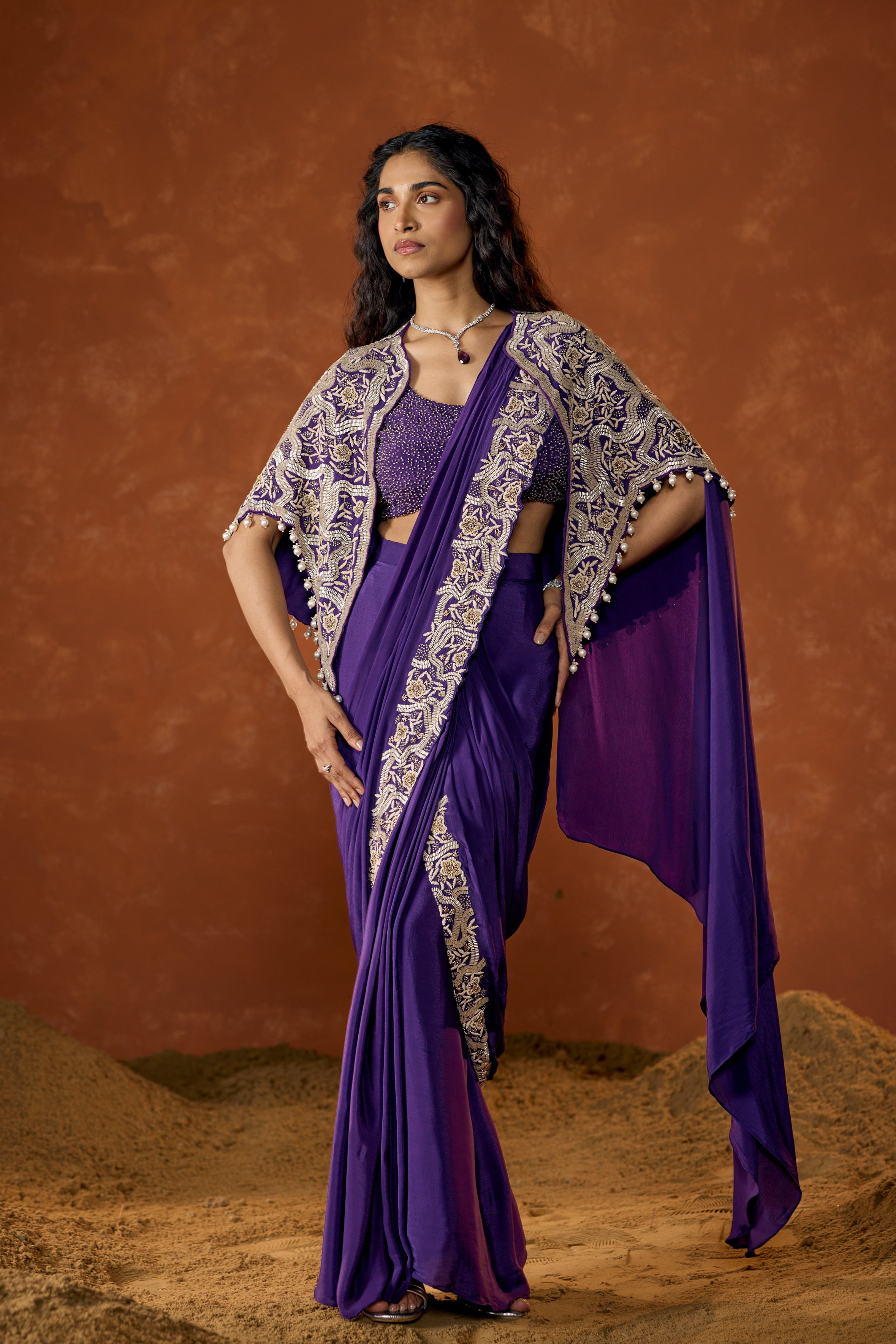 Royal Purple Embellished Chinon Silk Draped Saree
