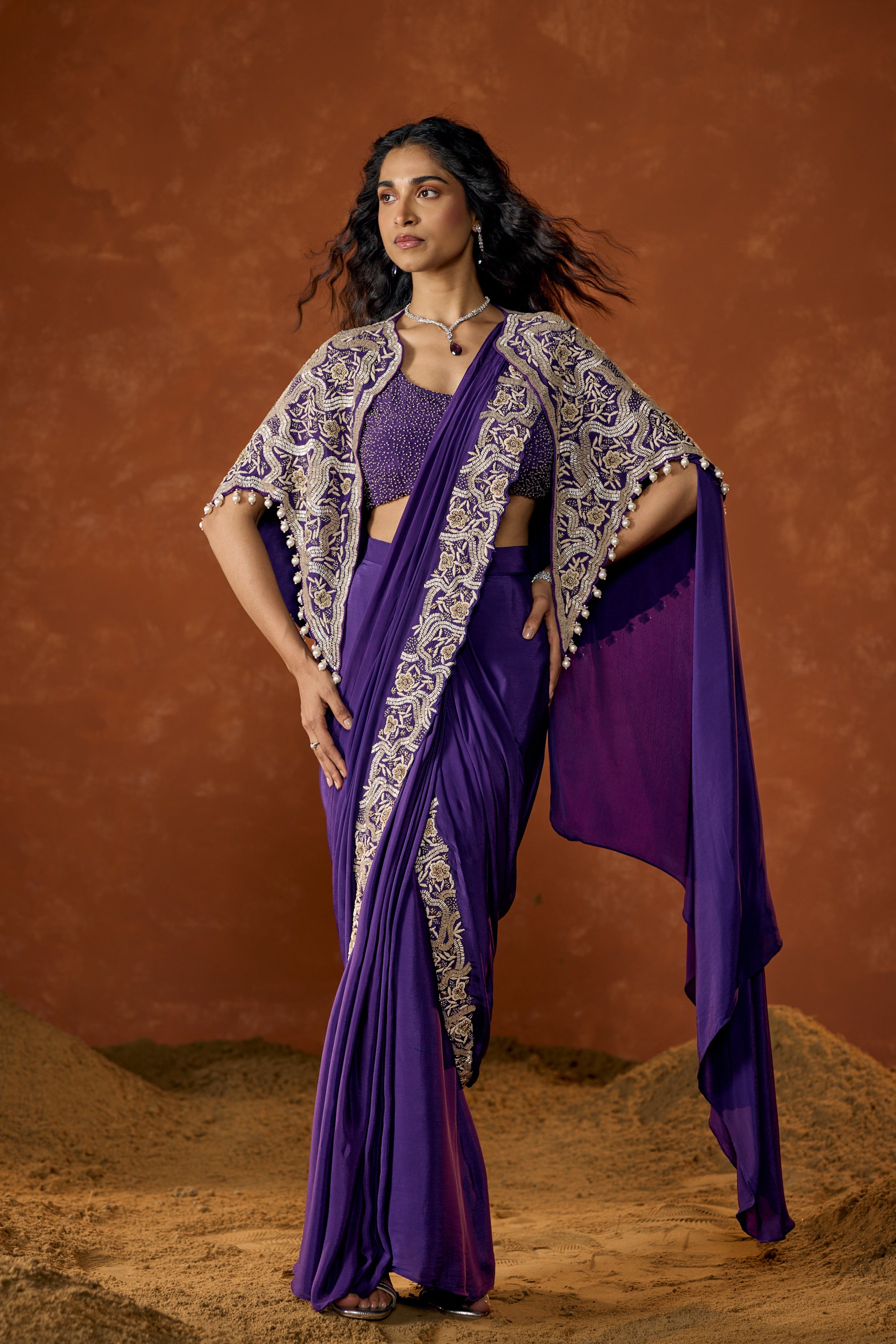 Royal Purple Embellished Chinon Silk Draped Saree