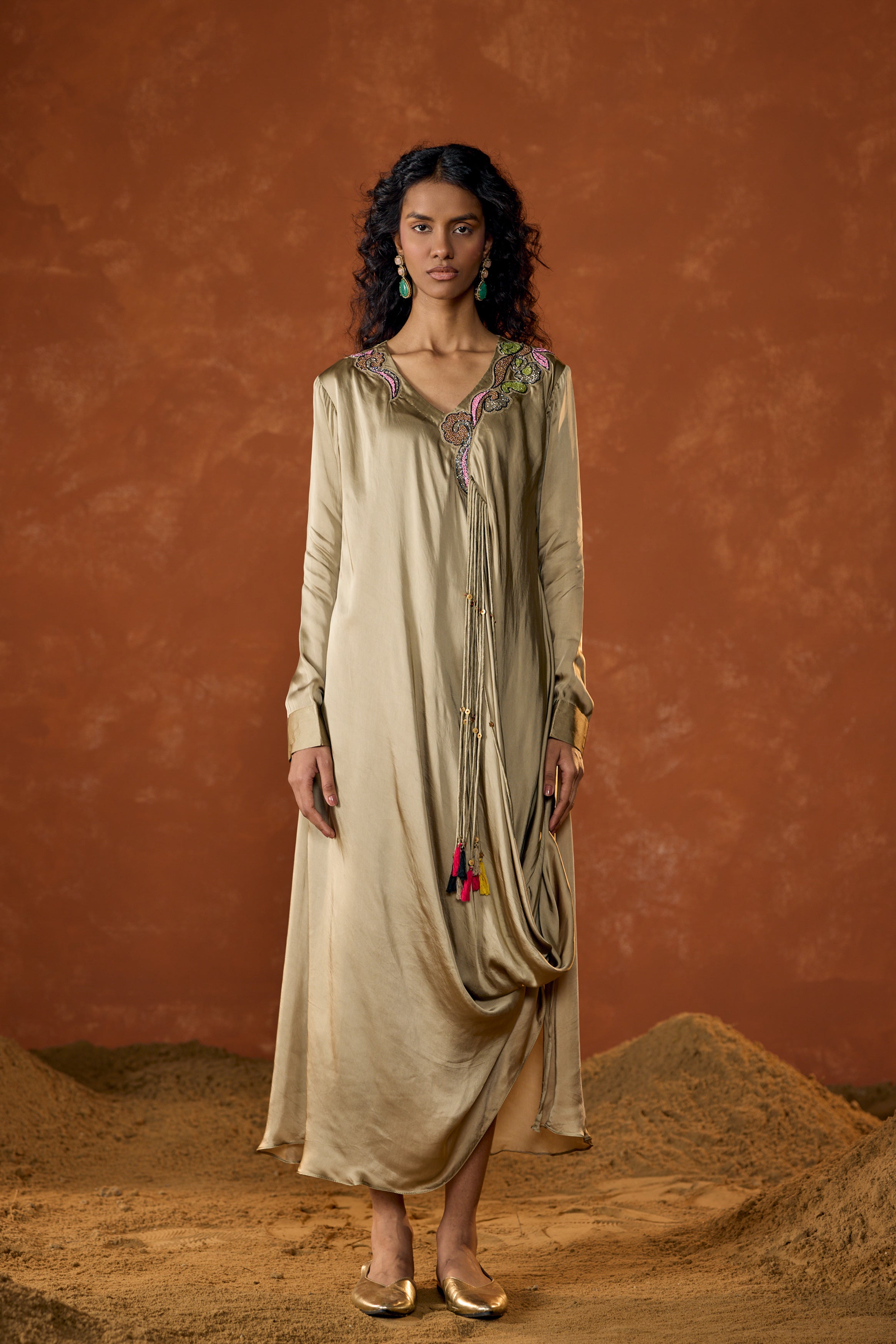 Champagne Beige Embellished Satin Silk Dress