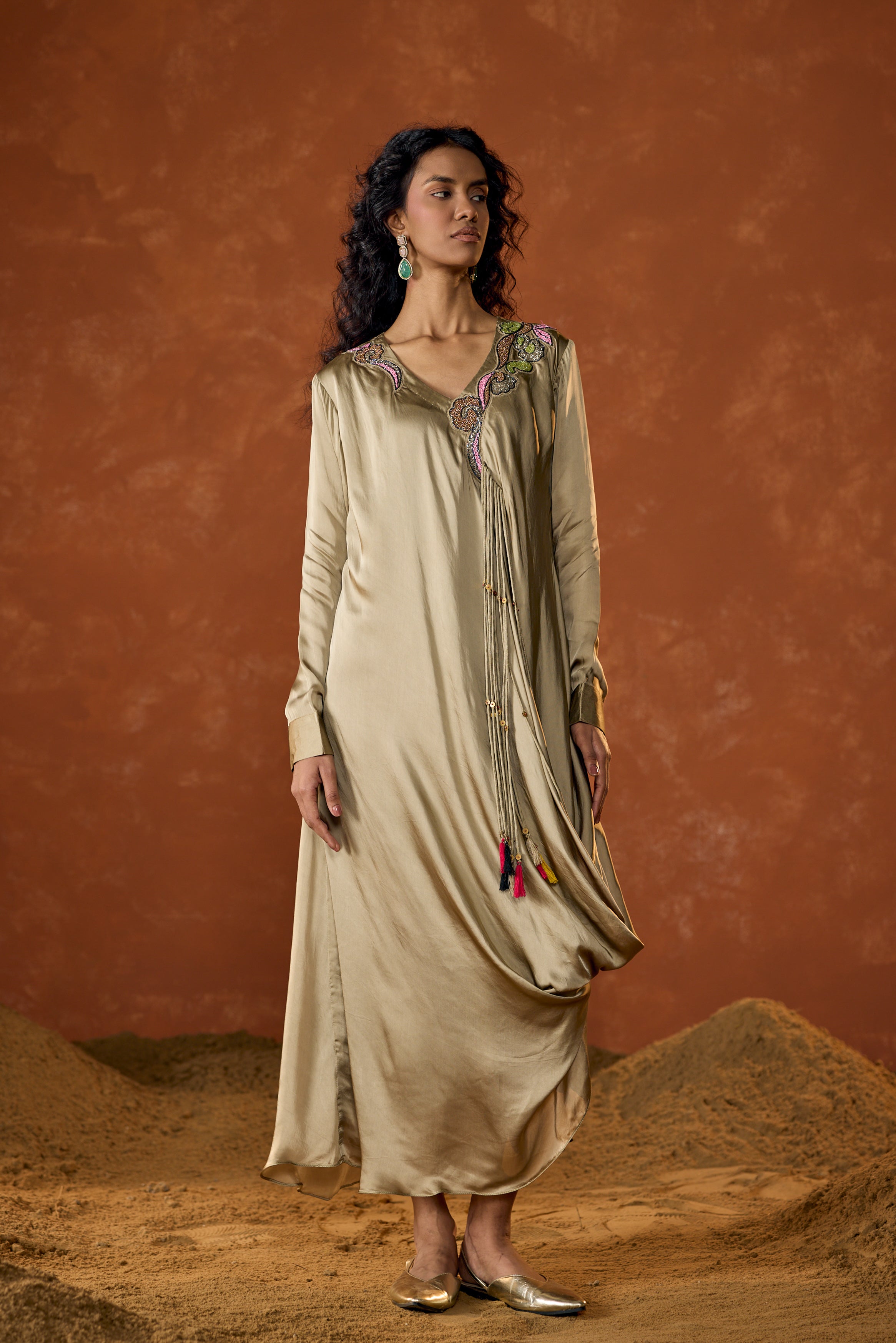 Champagne Beige Embellished Satin Silk Dress