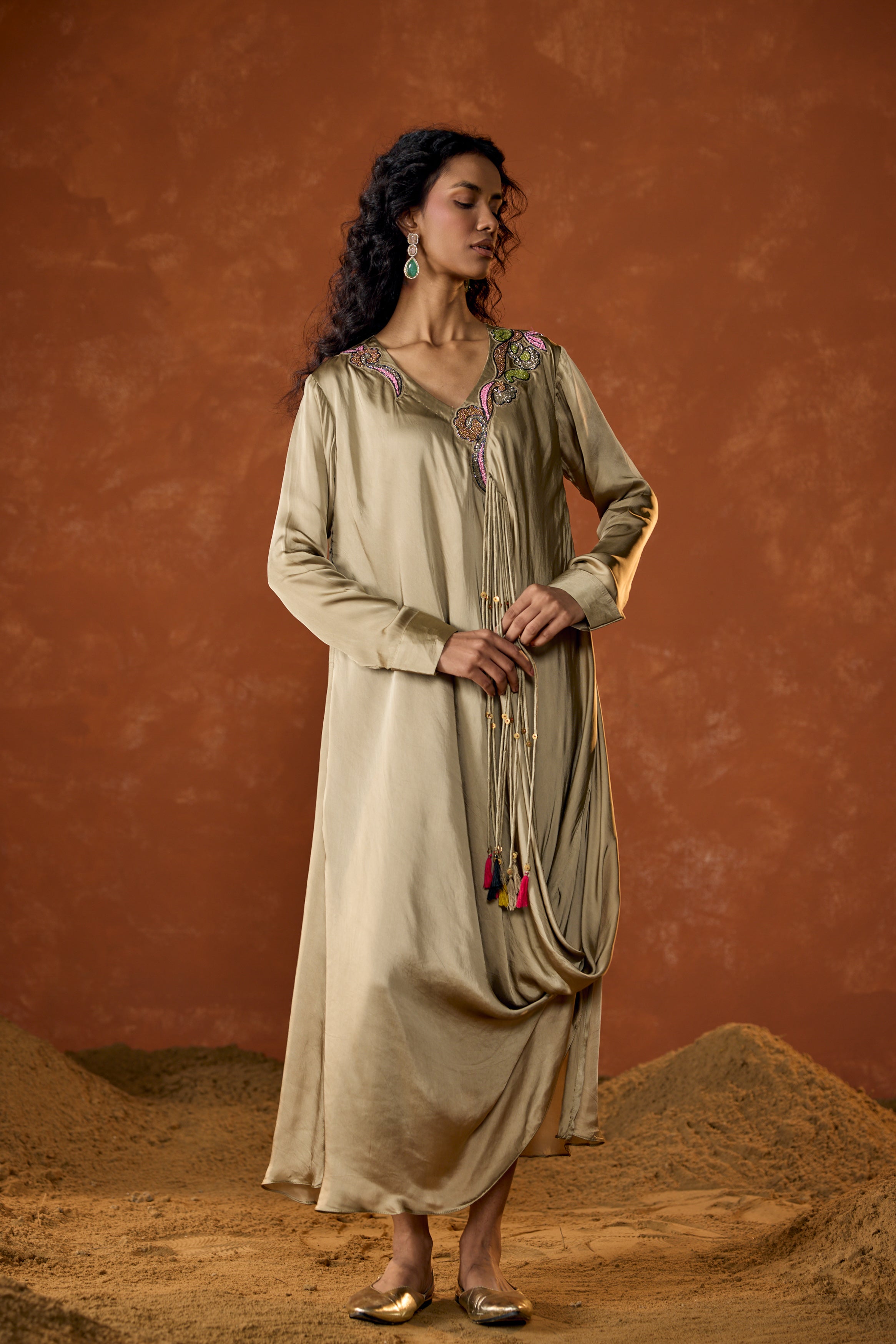Champagne Beige Embellished Satin Silk Dress