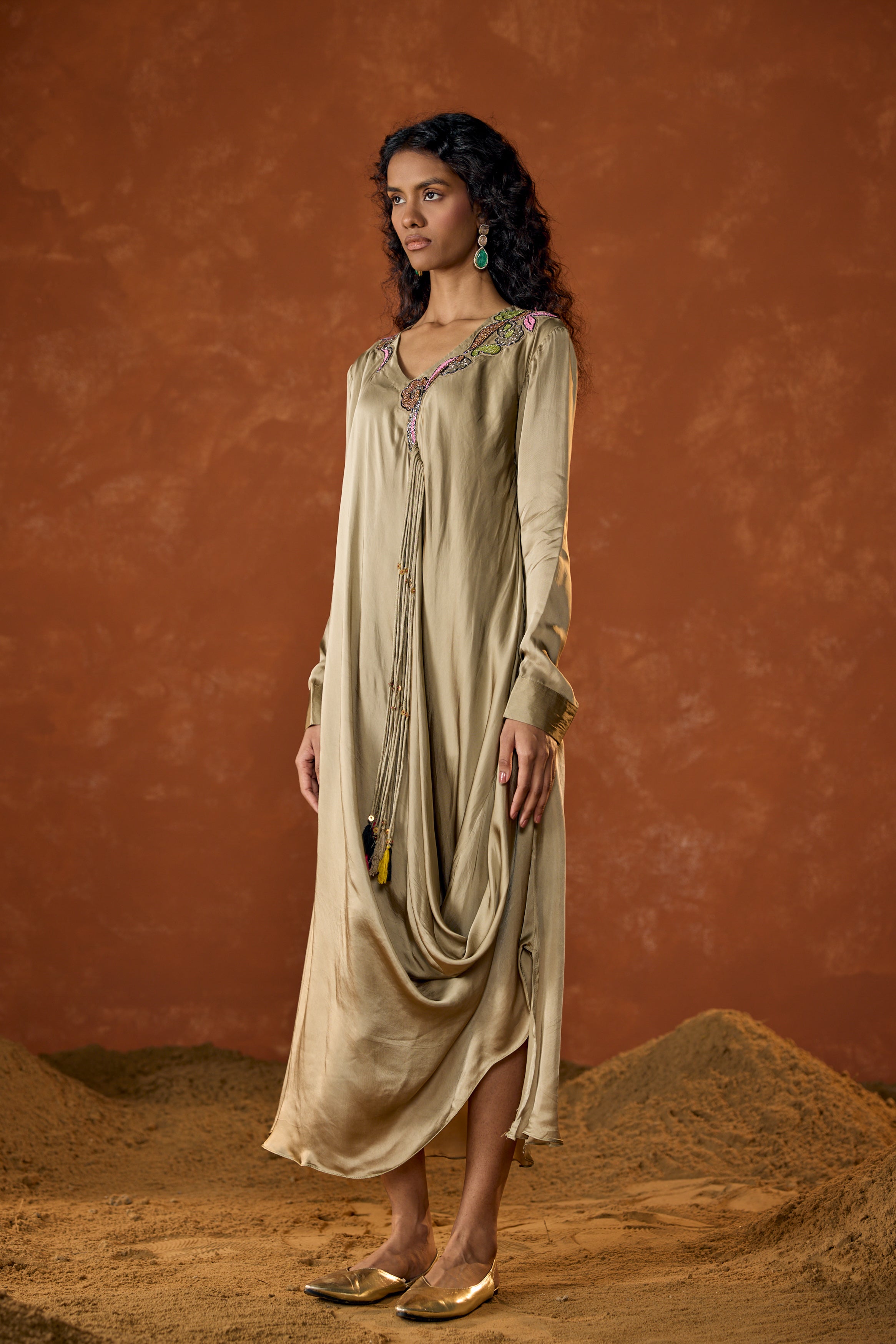 Champagne Beige Embellished Satin Silk Dress