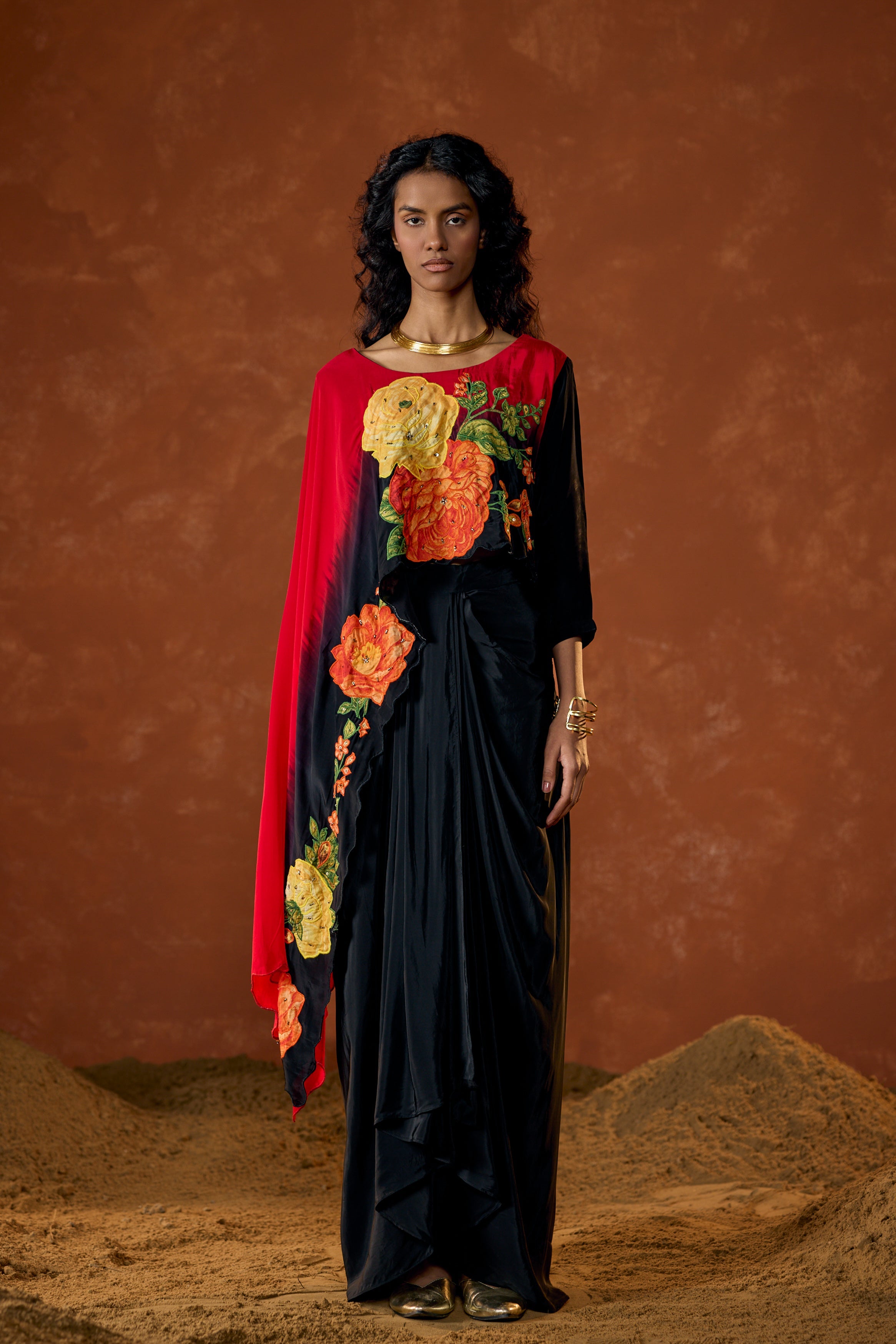 Crimson Red Embellished Satin Silk Drape Skirt Set
