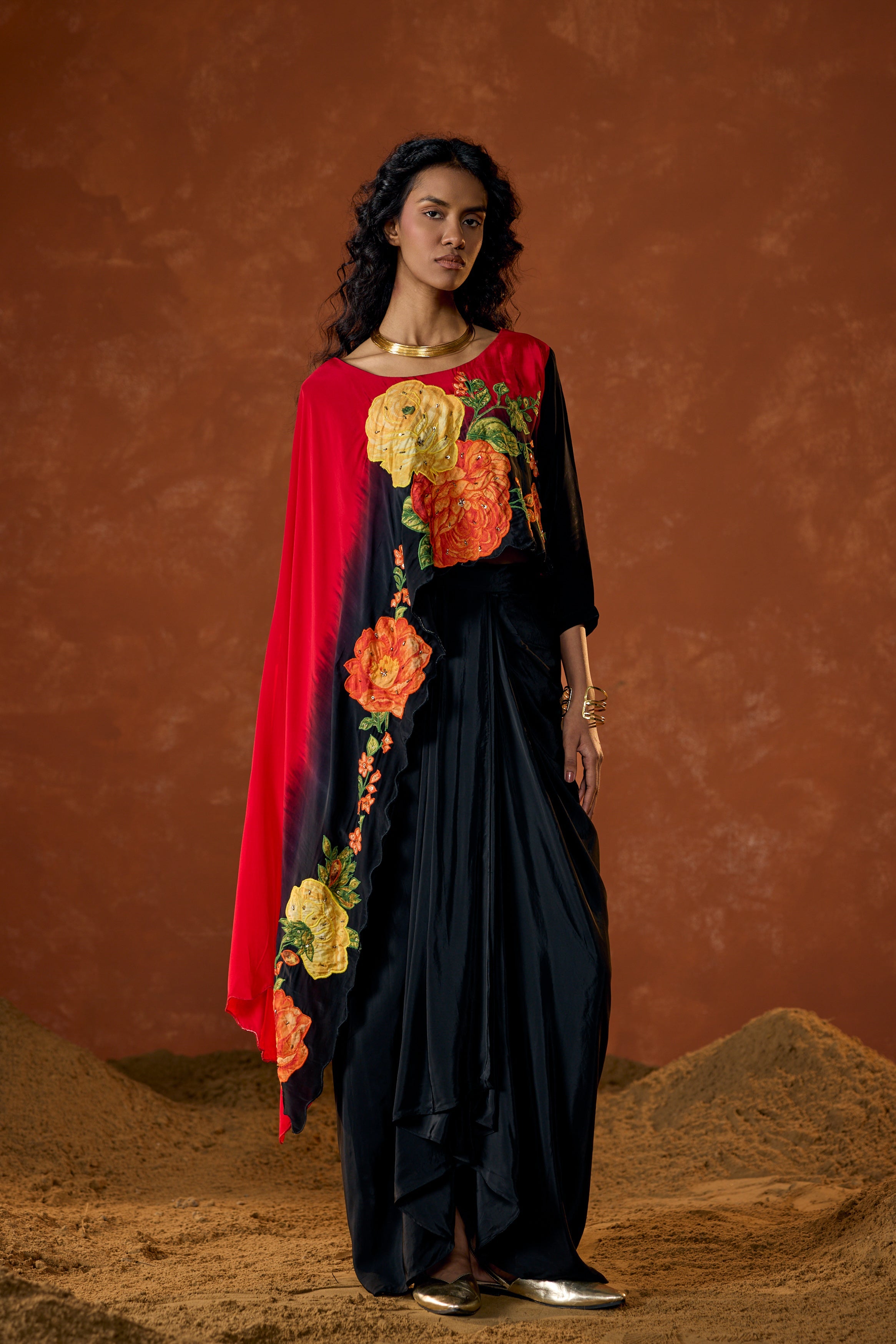 Crimson Red Embellished Satin Silk Drape Skirt Set