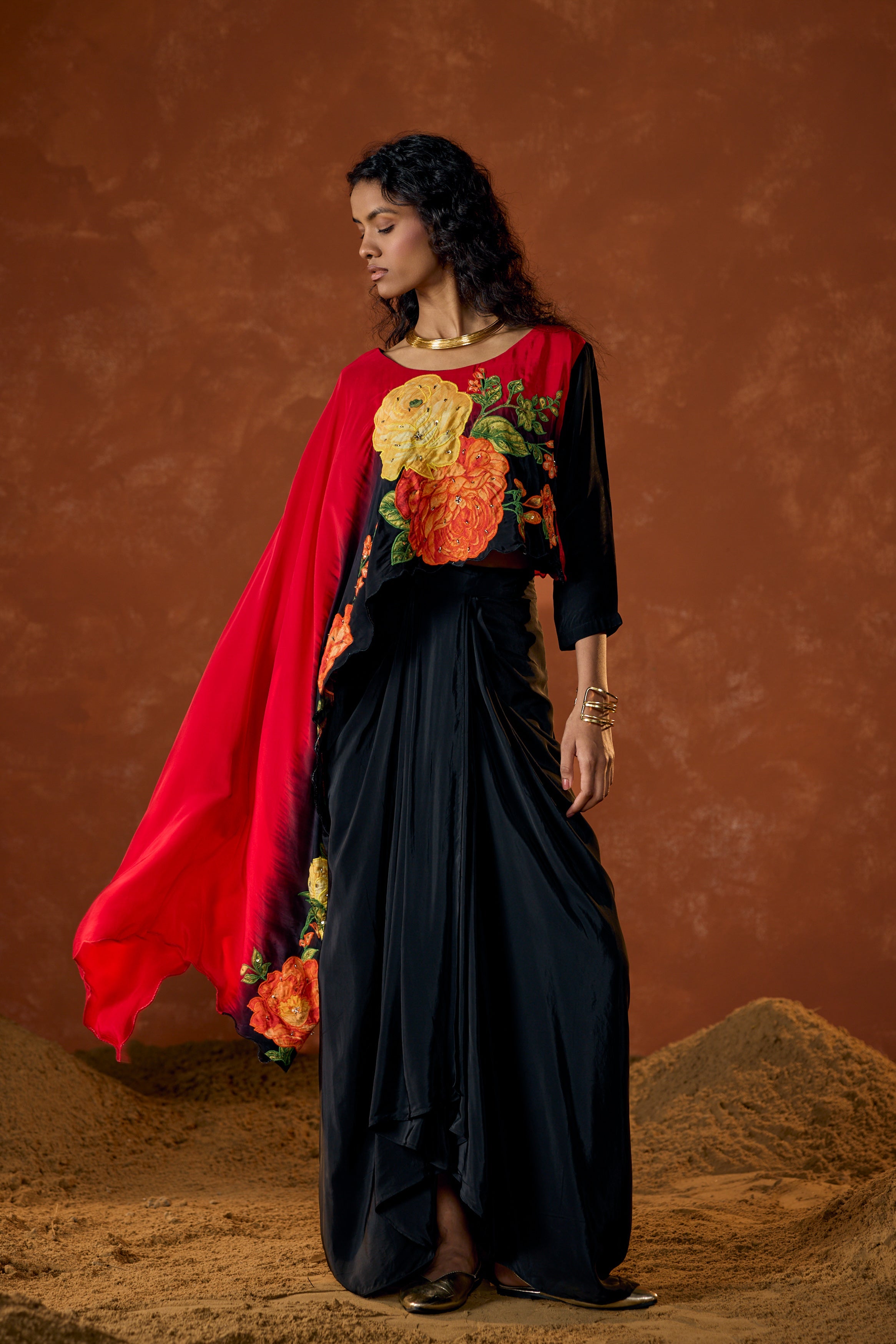 Crimson Red Embellished Satin Silk Drape Skirt Set