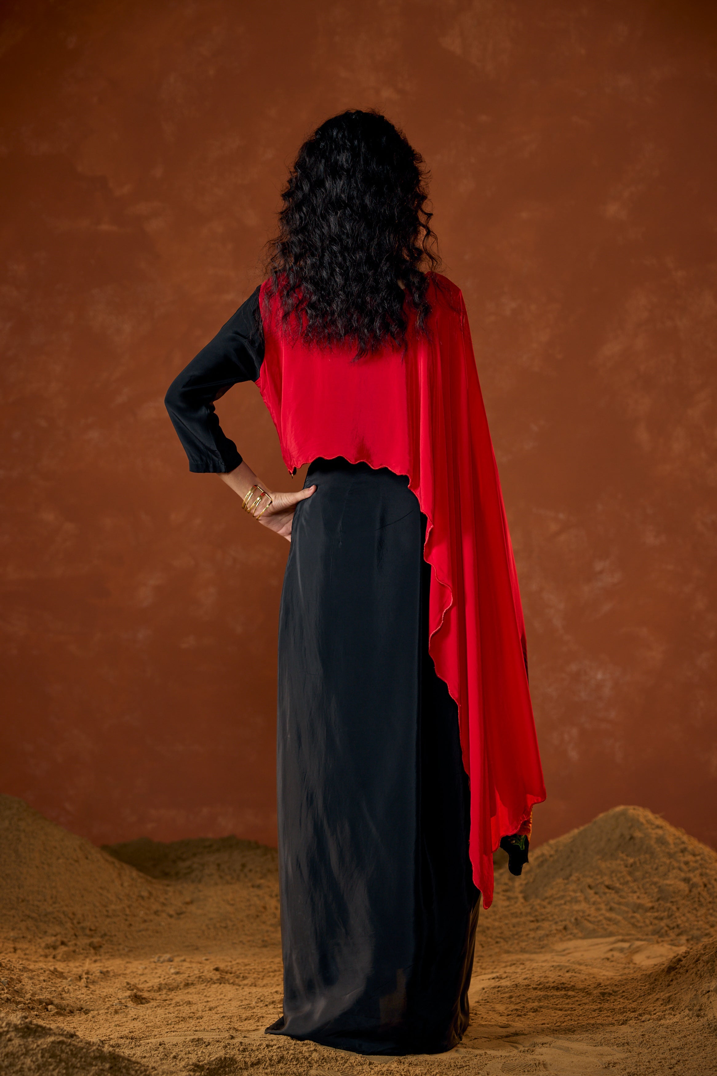 Crimson Red Embellished Satin Silk Drape Skirt Set