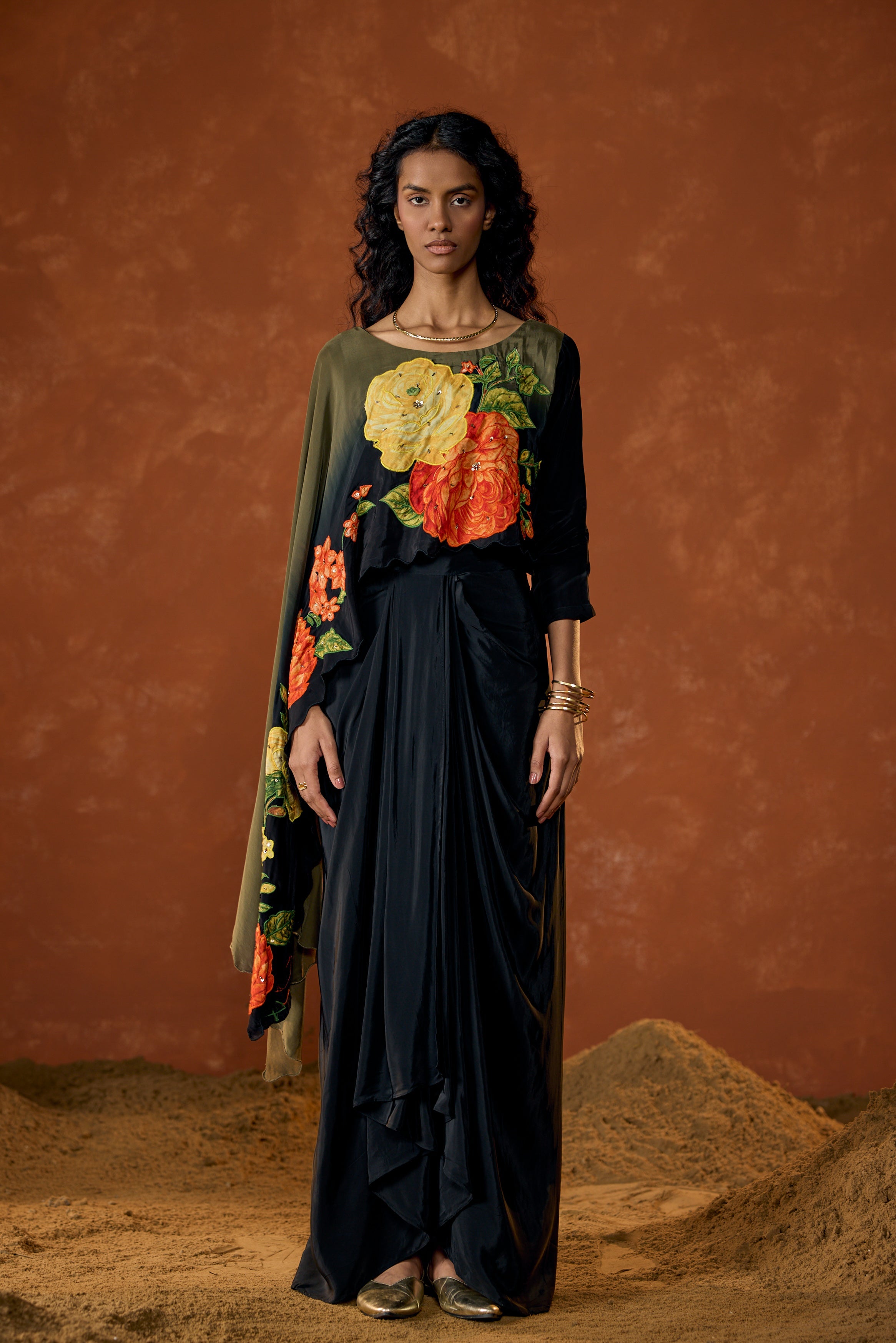 Midnight Olive Embellished Satin Silk Drape Skirt Set