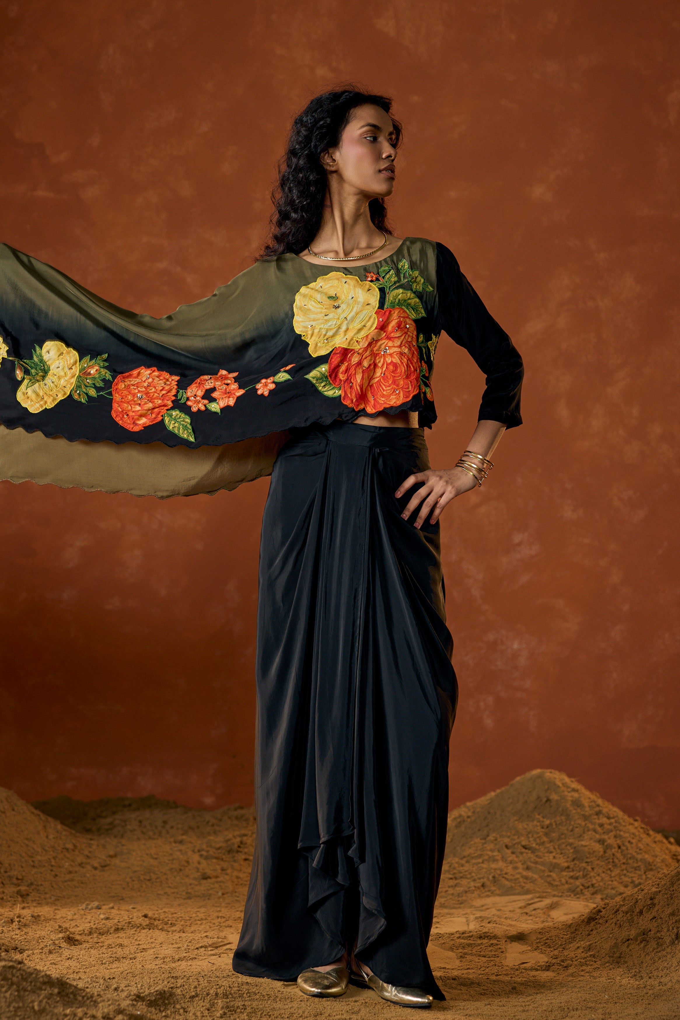 Midnight Olive Embellished Satin Silk Drape Skirt Set