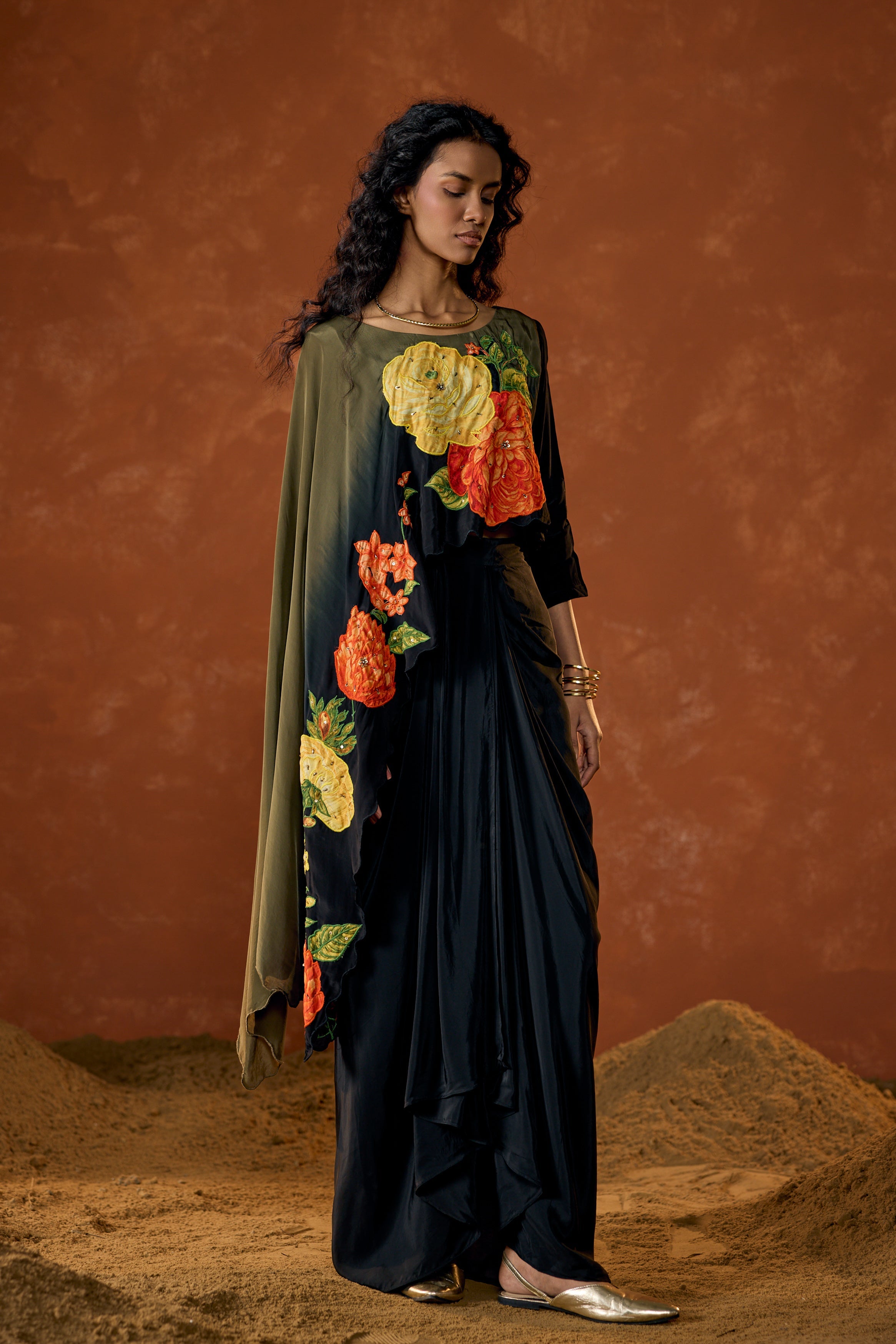 Midnight Olive Embellished Satin Silk Drape Skirt Set