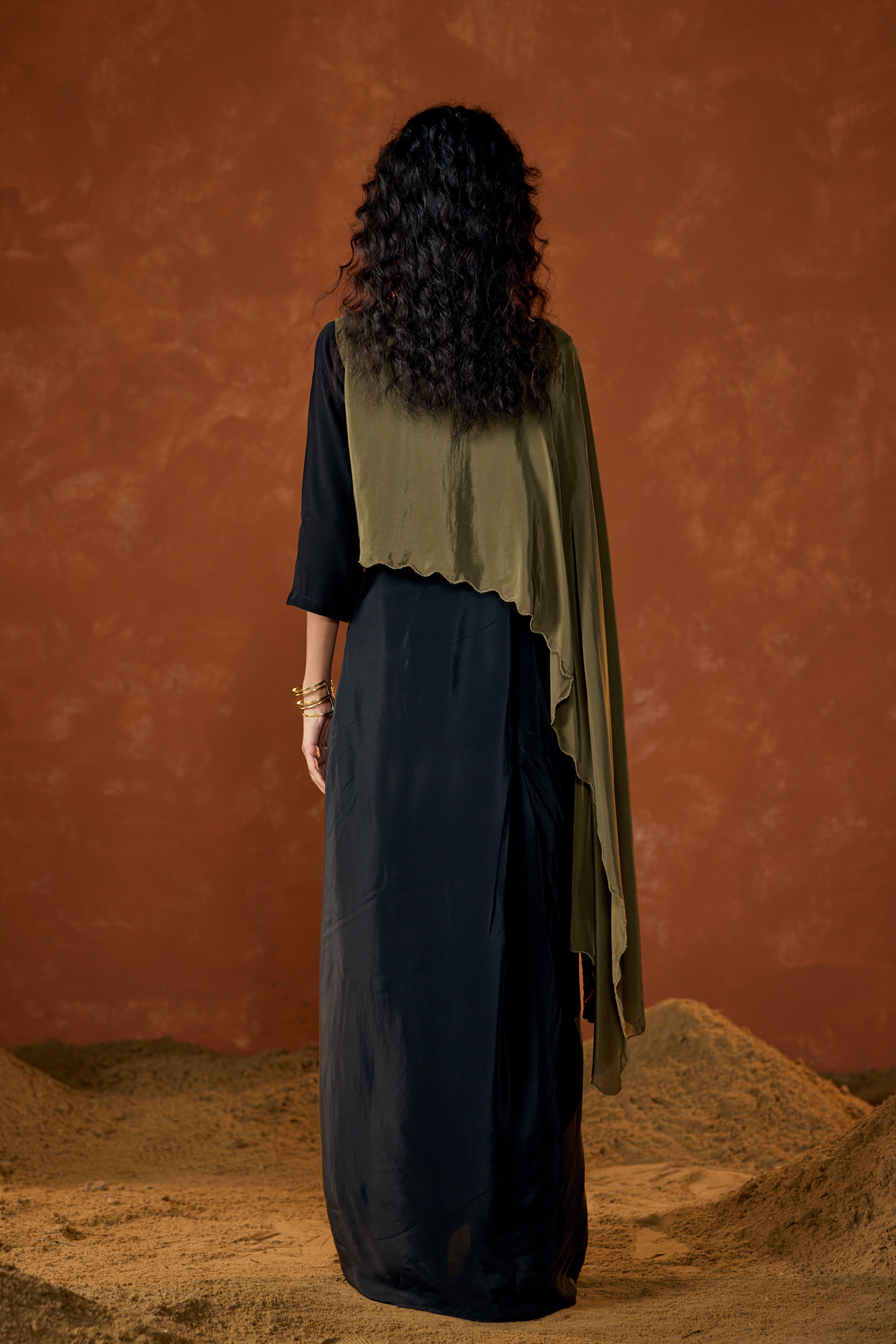 Midnight Olive Embellished Satin Silk Drape Skirt Set