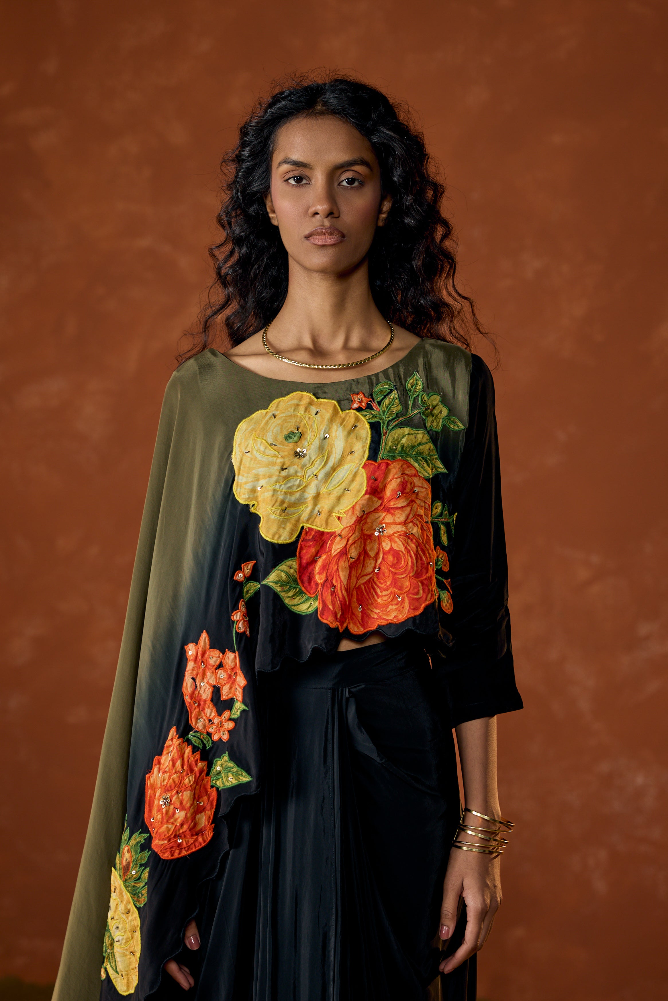 Midnight Olive Embellished Satin Silk Drape Skirt Set