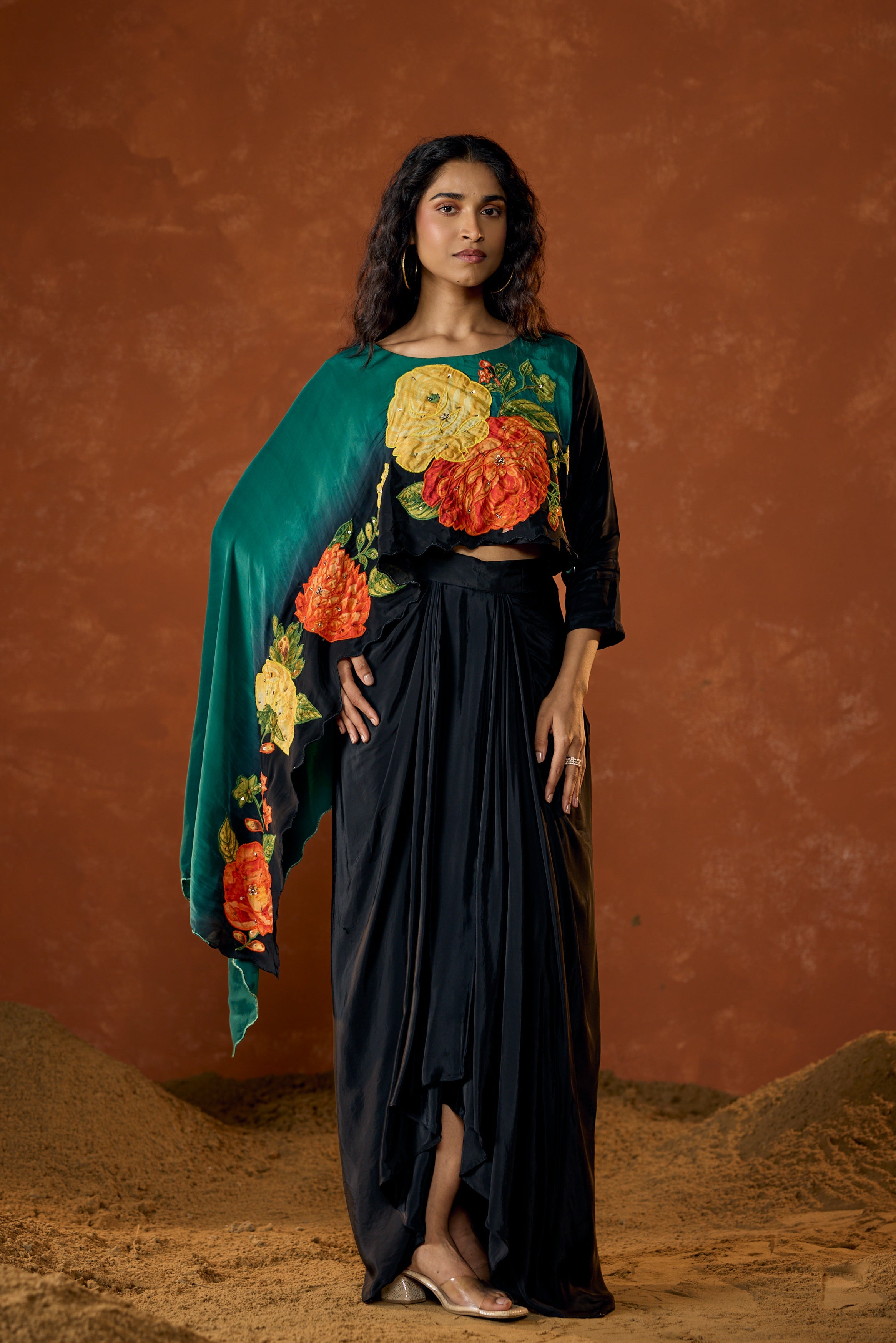 Emerald Green Embellished Satin Silk Drape Skirt Set