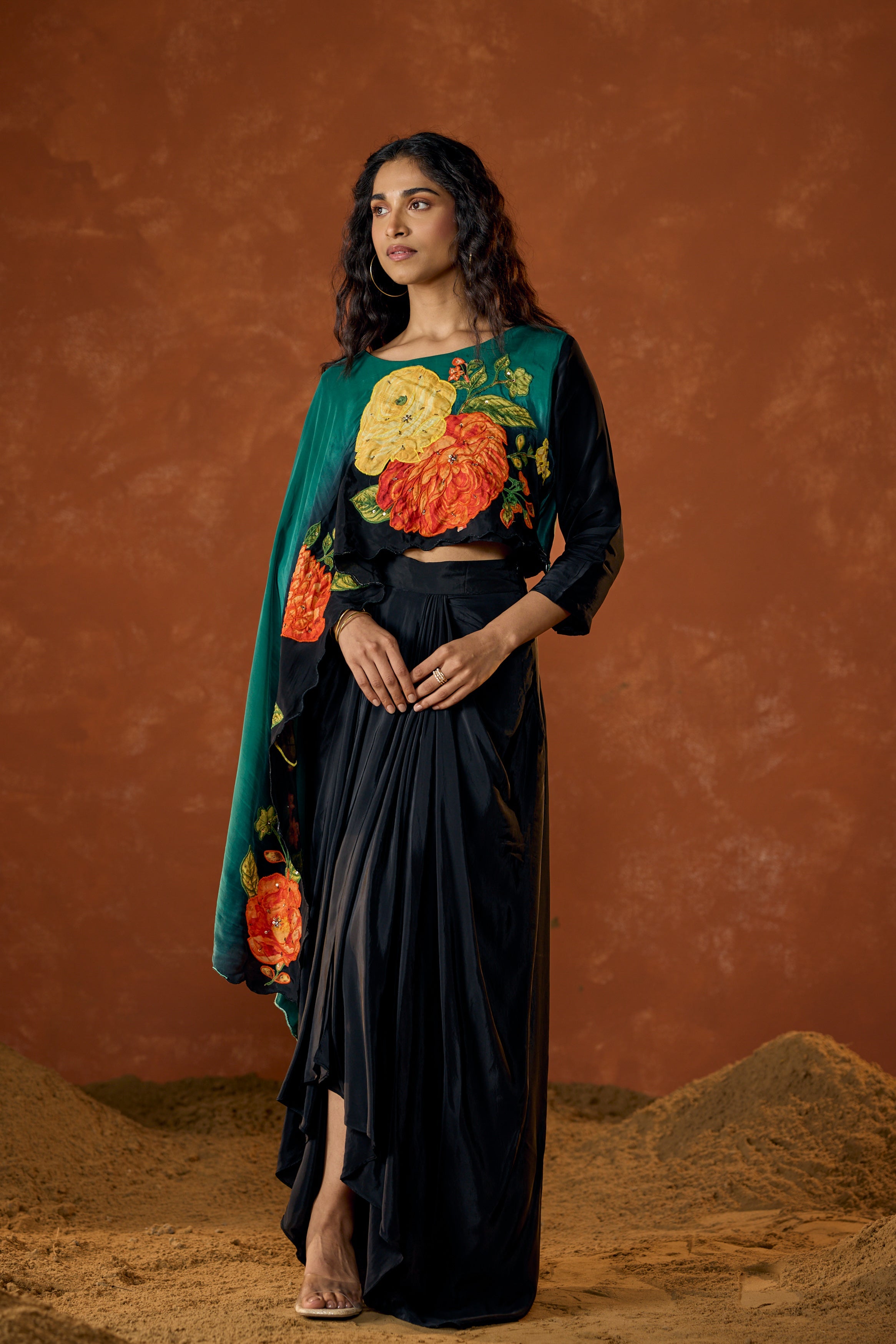 Emerald Green Embellished Satin Silk Drape Skirt Set