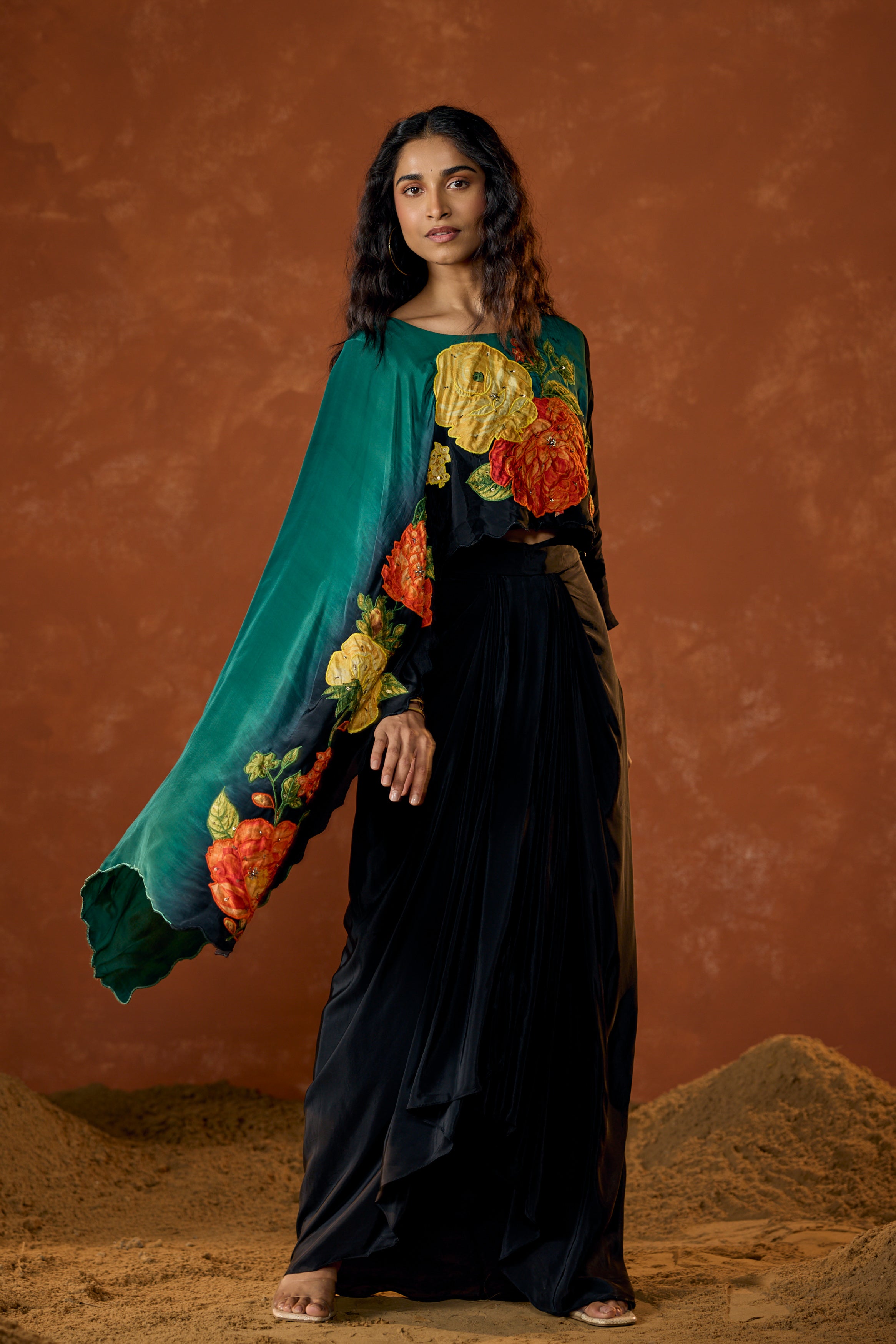 Emerald Green Embellished Satin Silk Drape Skirt Set