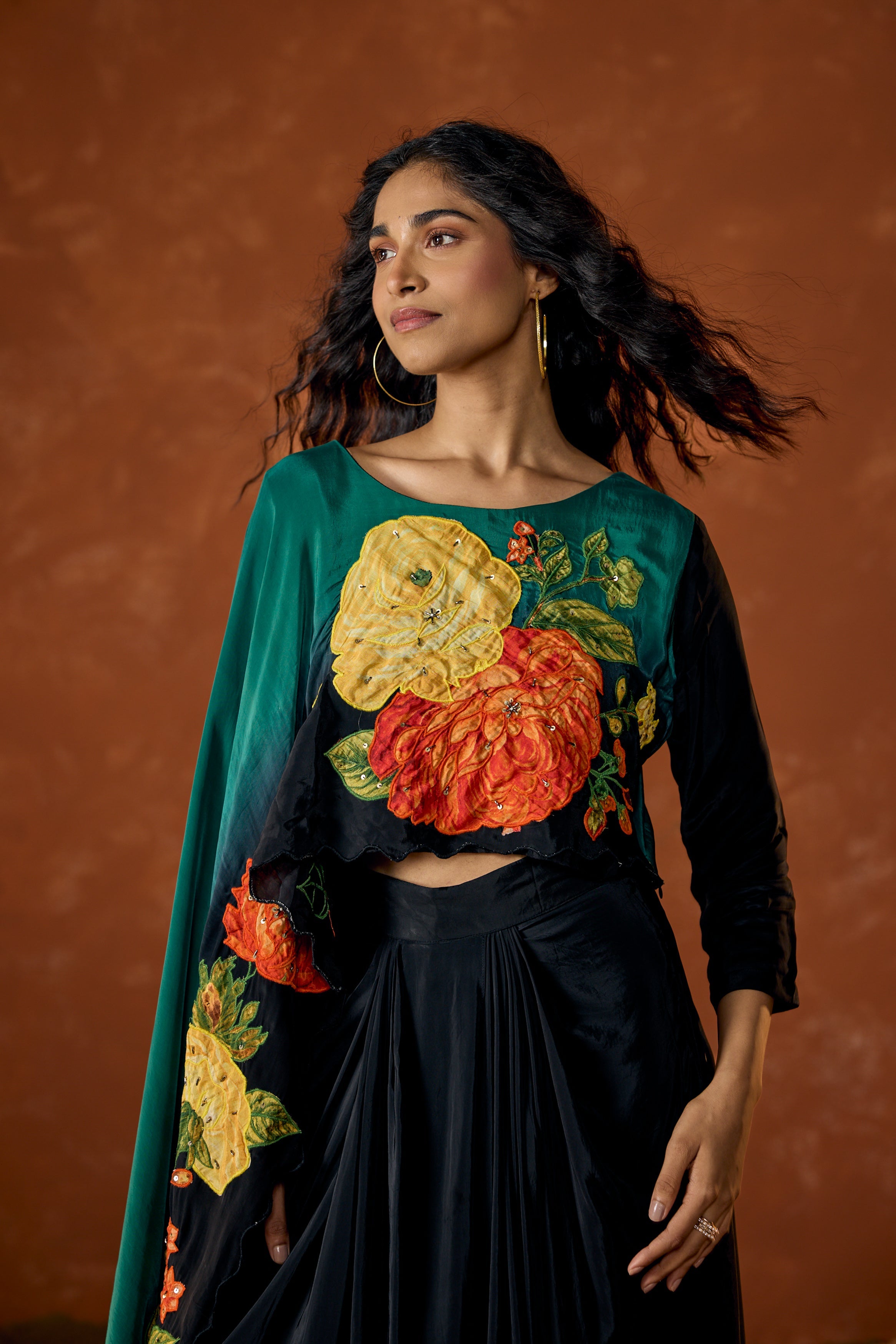 Emerald Green Embellished Satin Silk Drape Skirt Set
