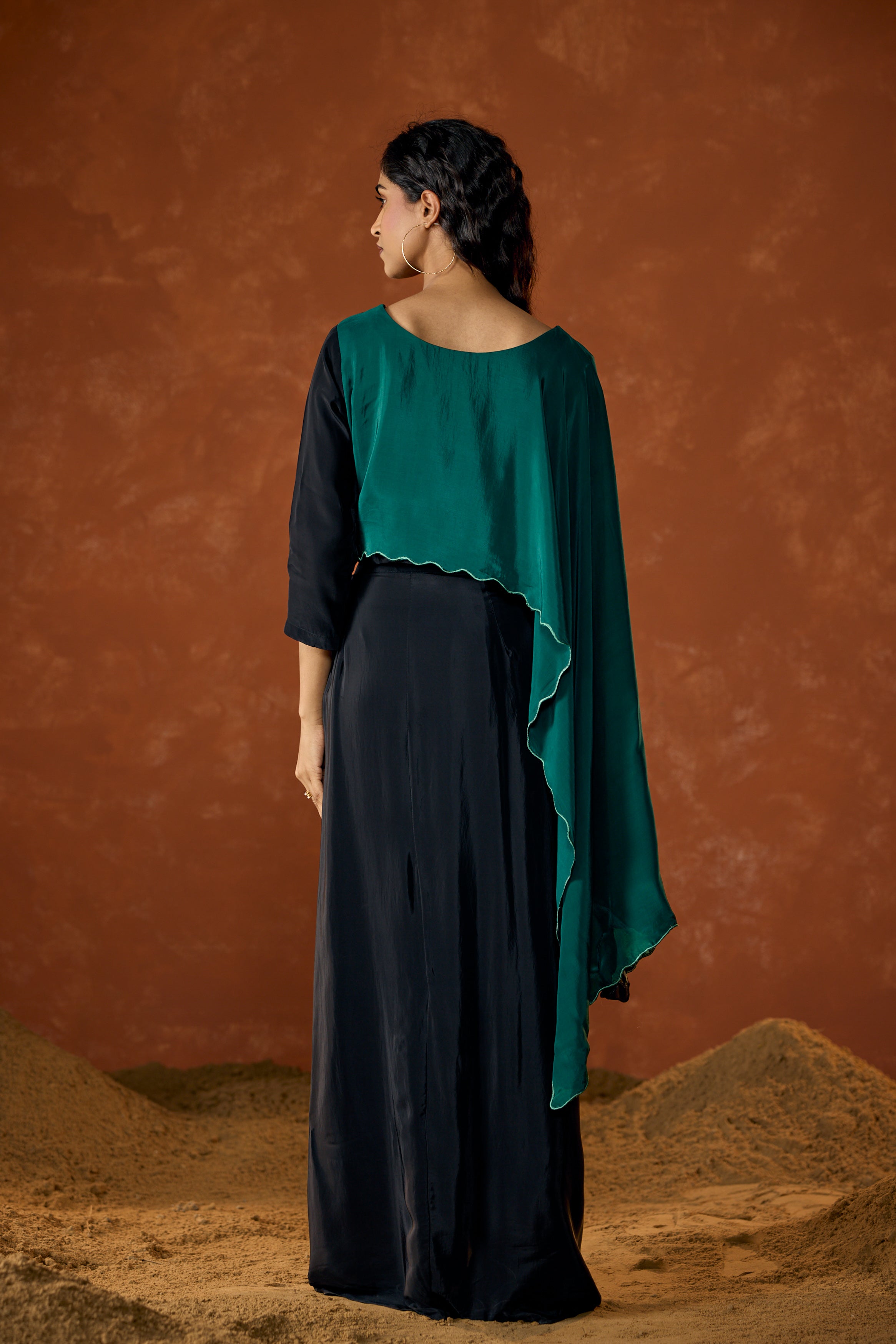 Emerald Green Embellished Satin Silk Drape Skirt Set