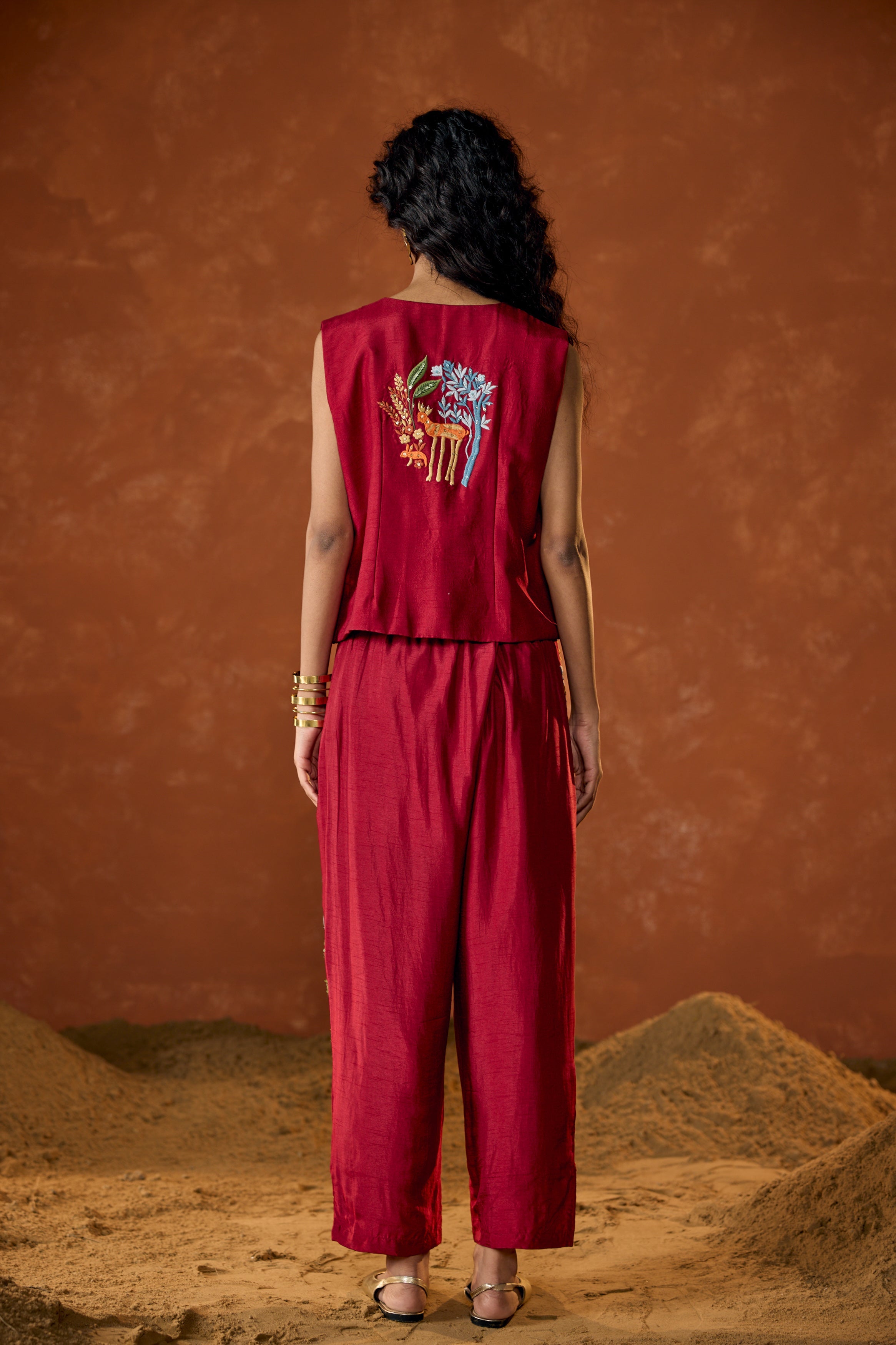 Scarlet Red Embroidered Raw Silk Co-Ord Set