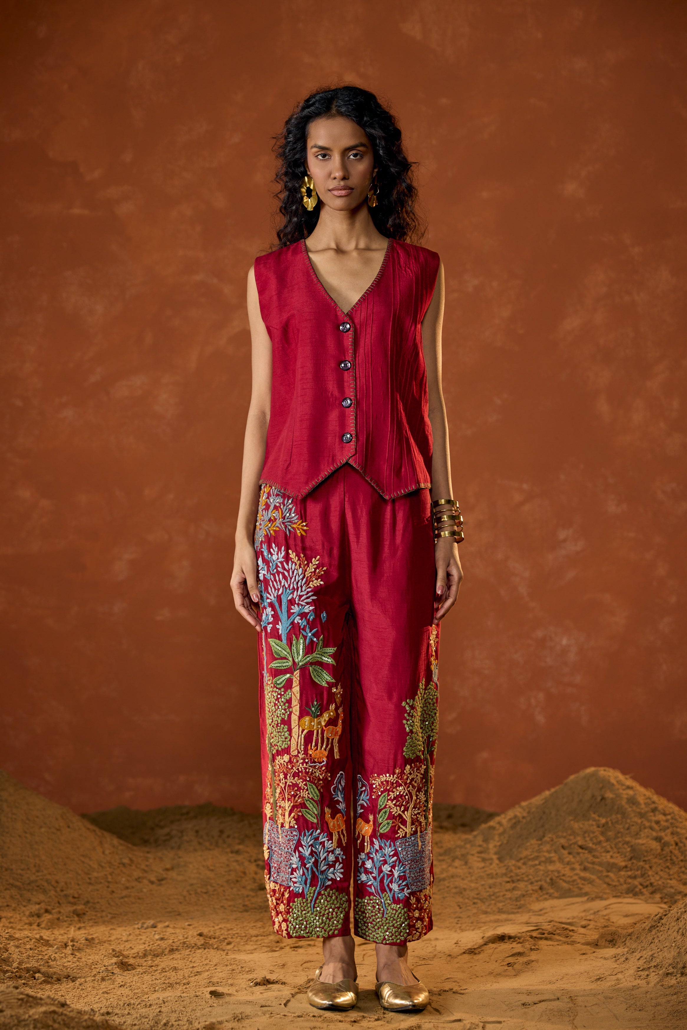 Scarlet Red Embroidered Raw Silk Co-Ord Set