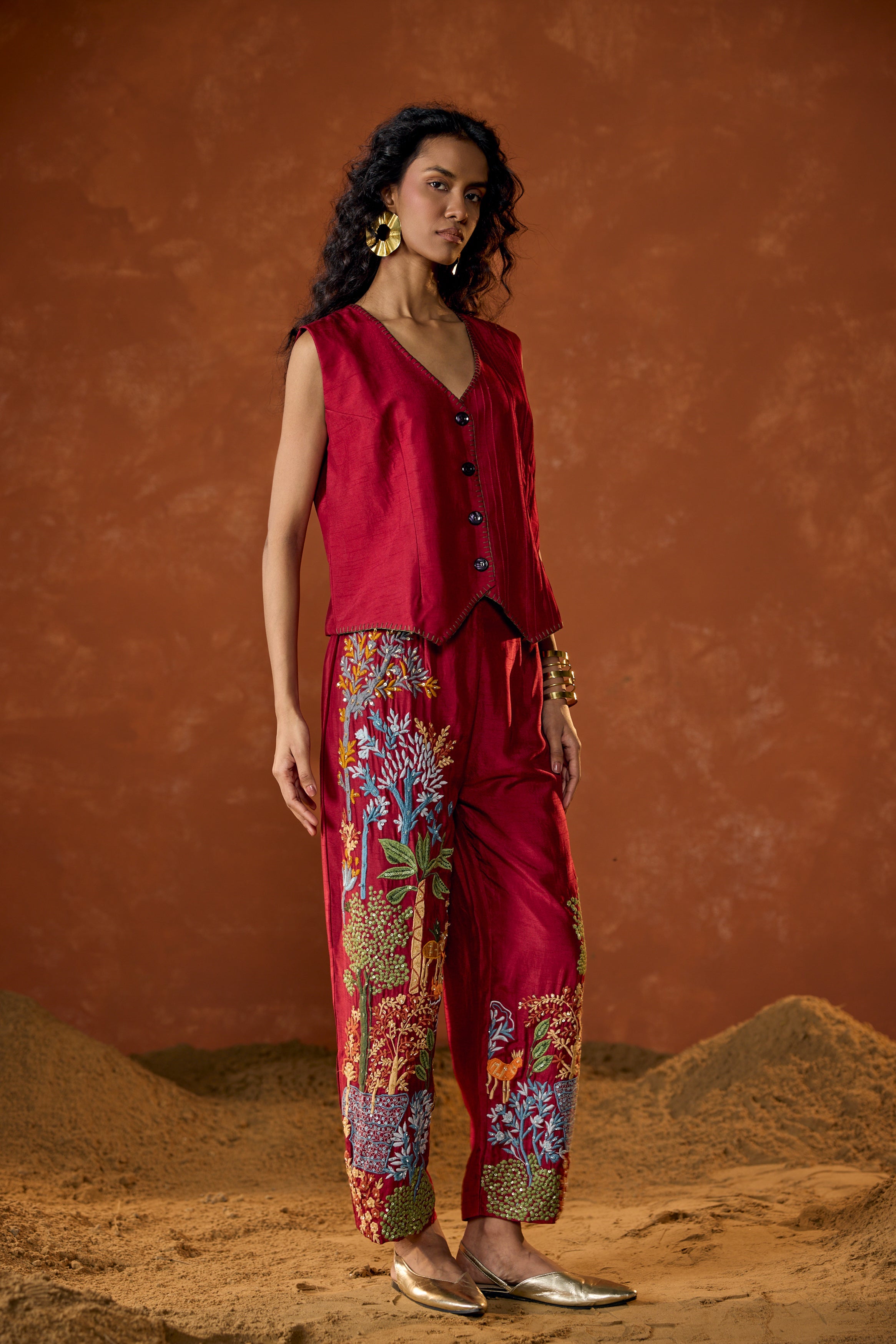 Scarlet Red Embroidered Raw Silk Co-Ord Set