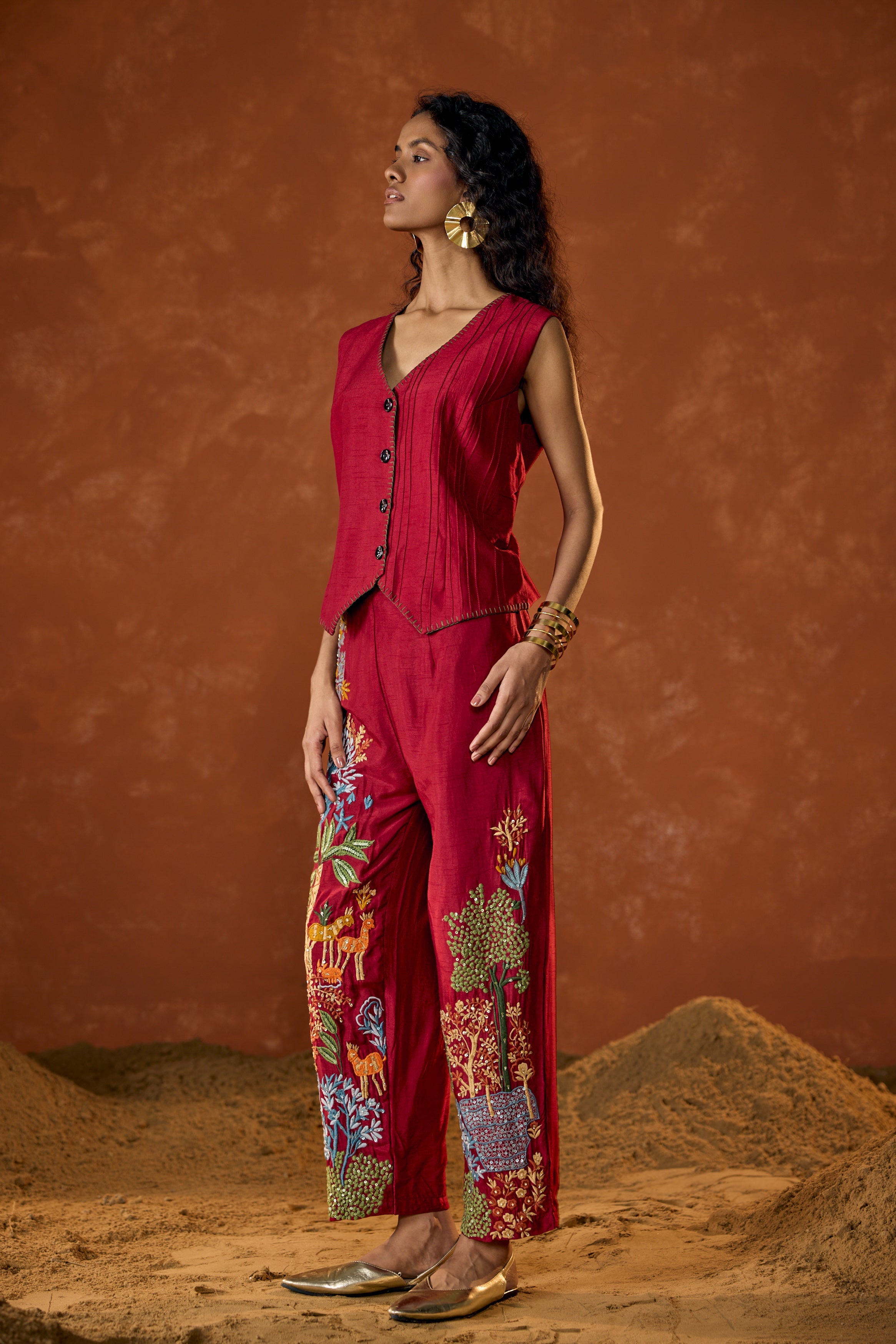 Scarlet Red Embroidered Raw Silk Co-Ord Set