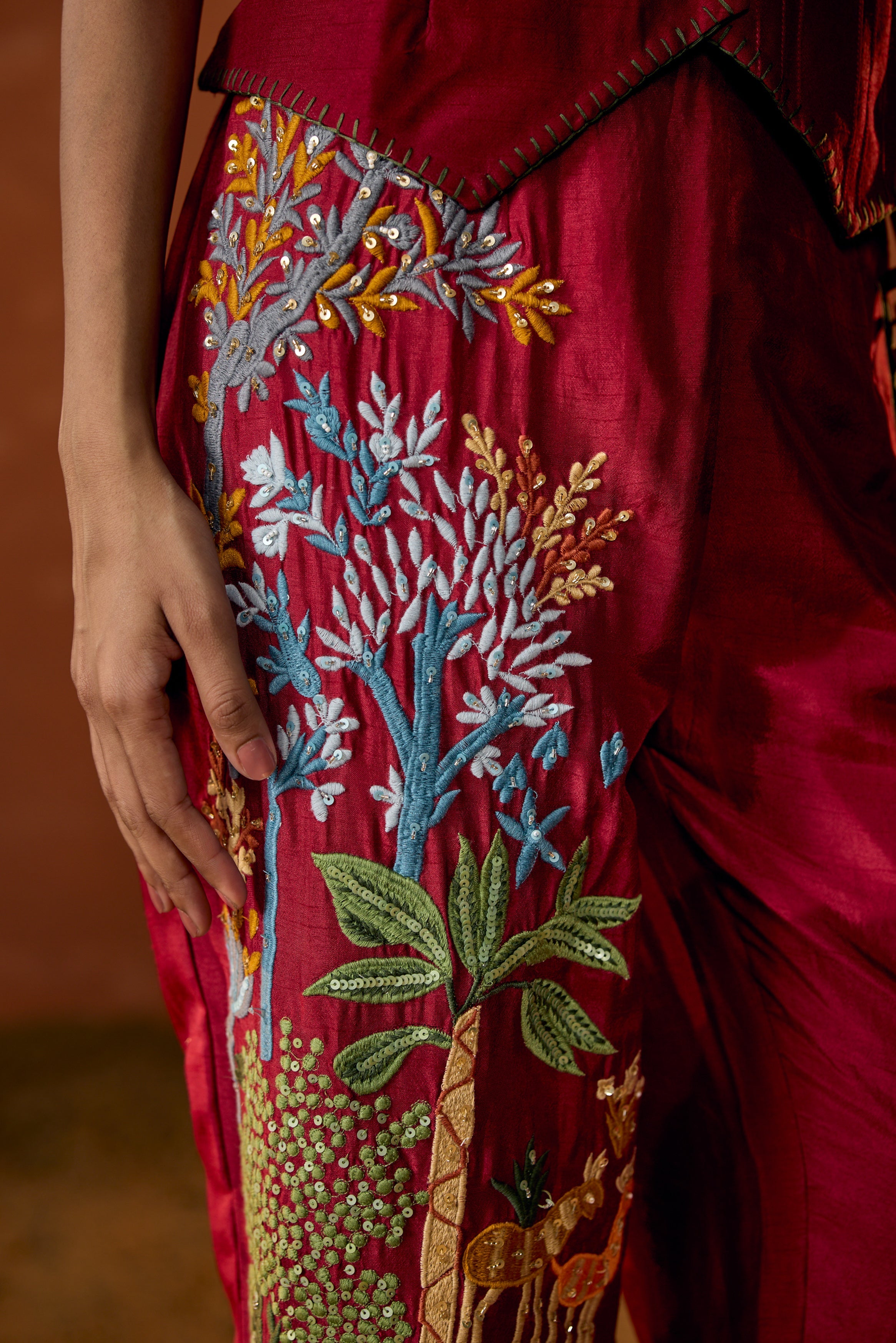 Scarlet Red Embroidered Raw Silk Co-Ord Set