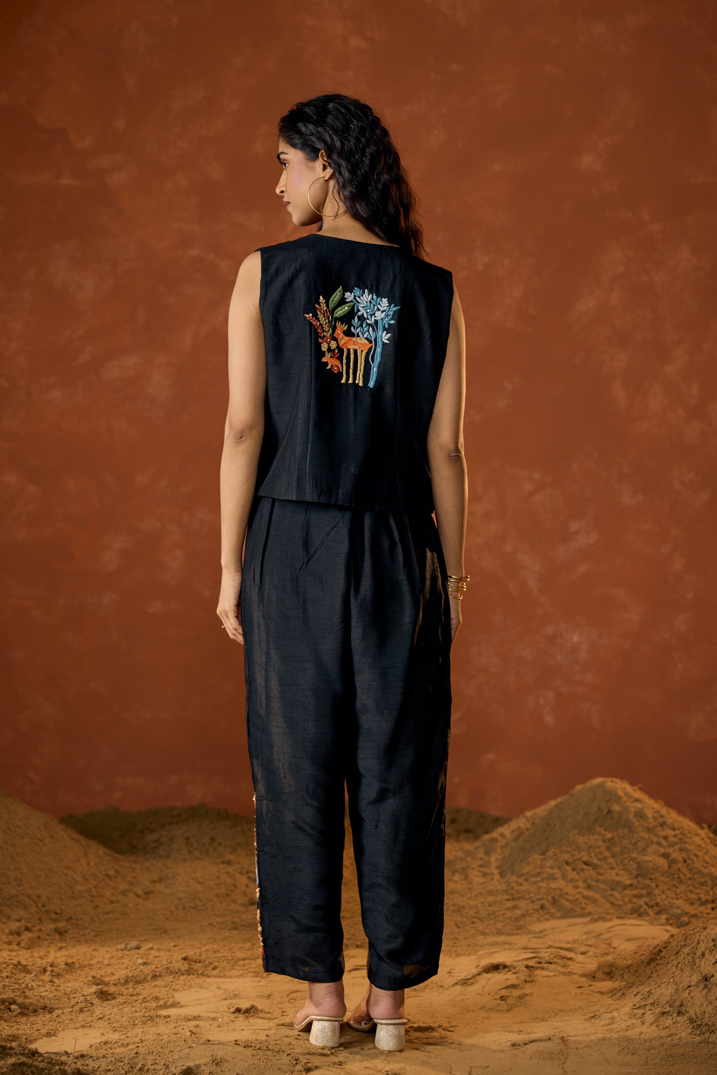 Classic Black Embroidered Raw Silk Co-Ord Set