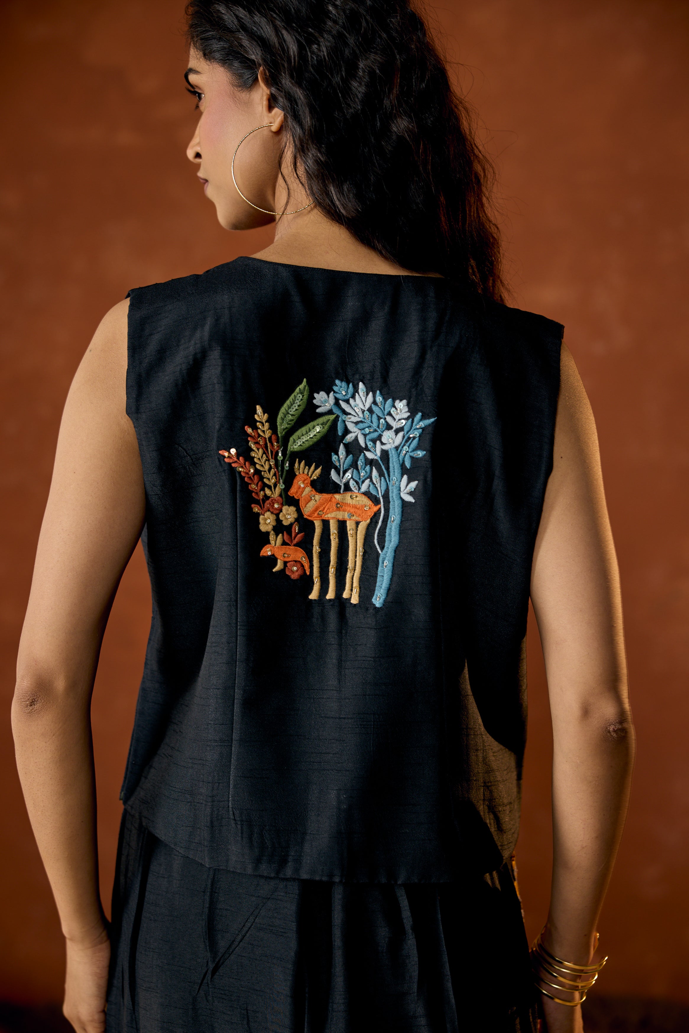 Classic Black Embroidered Raw Silk Co-Ord Set