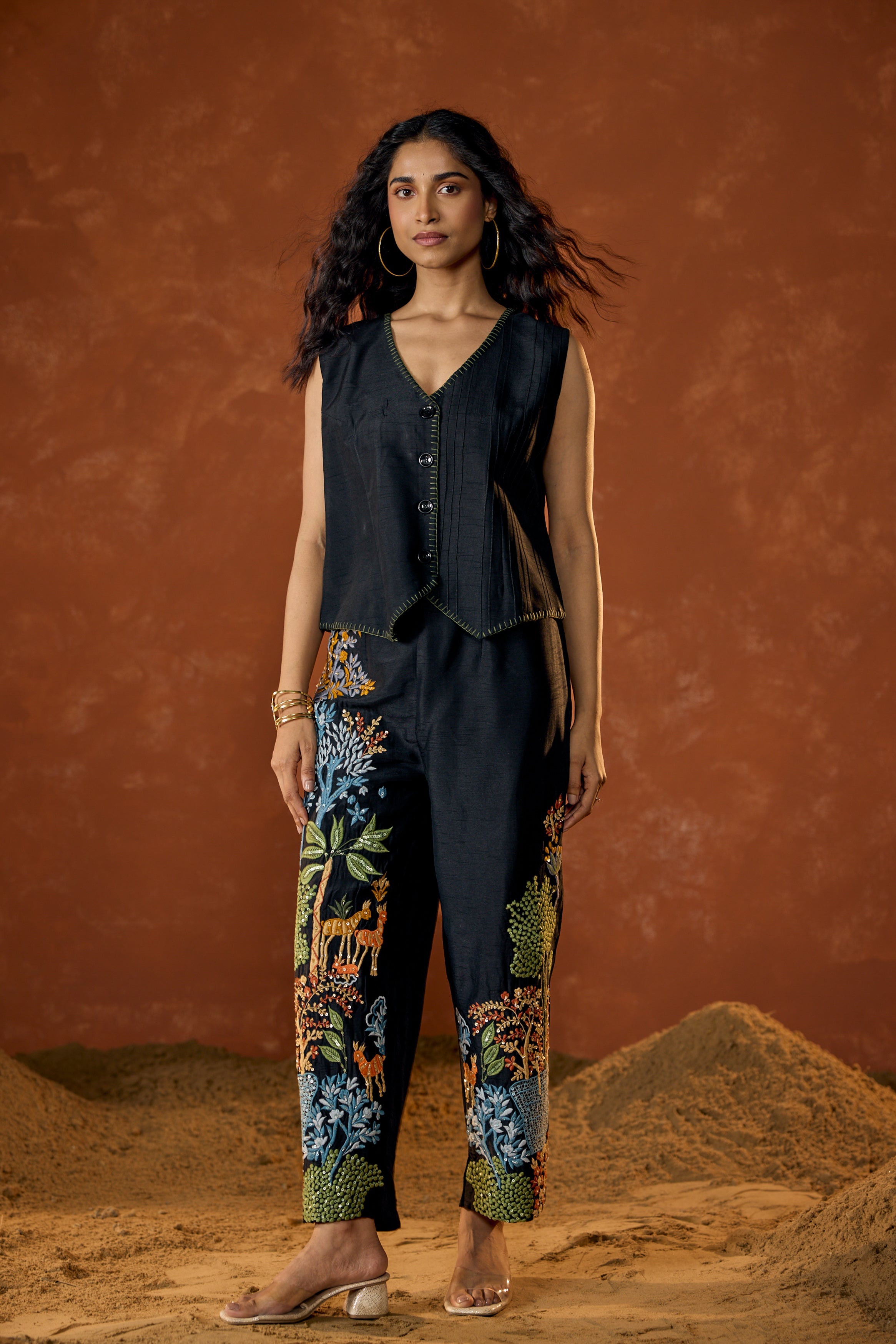 Classic Black Embroidered Raw Silk Co-Ord Set