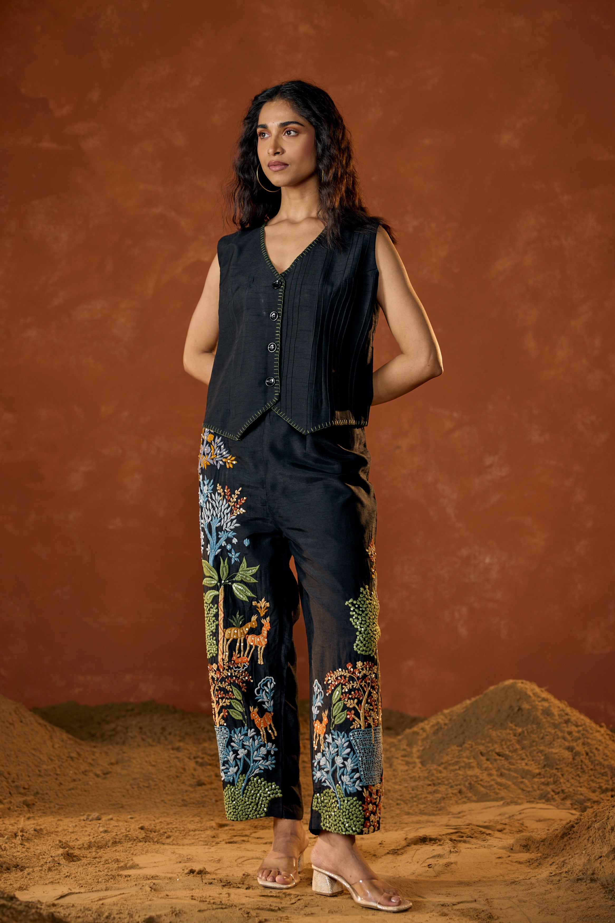 Classic Black Embroidered Raw Silk Co-Ord Set