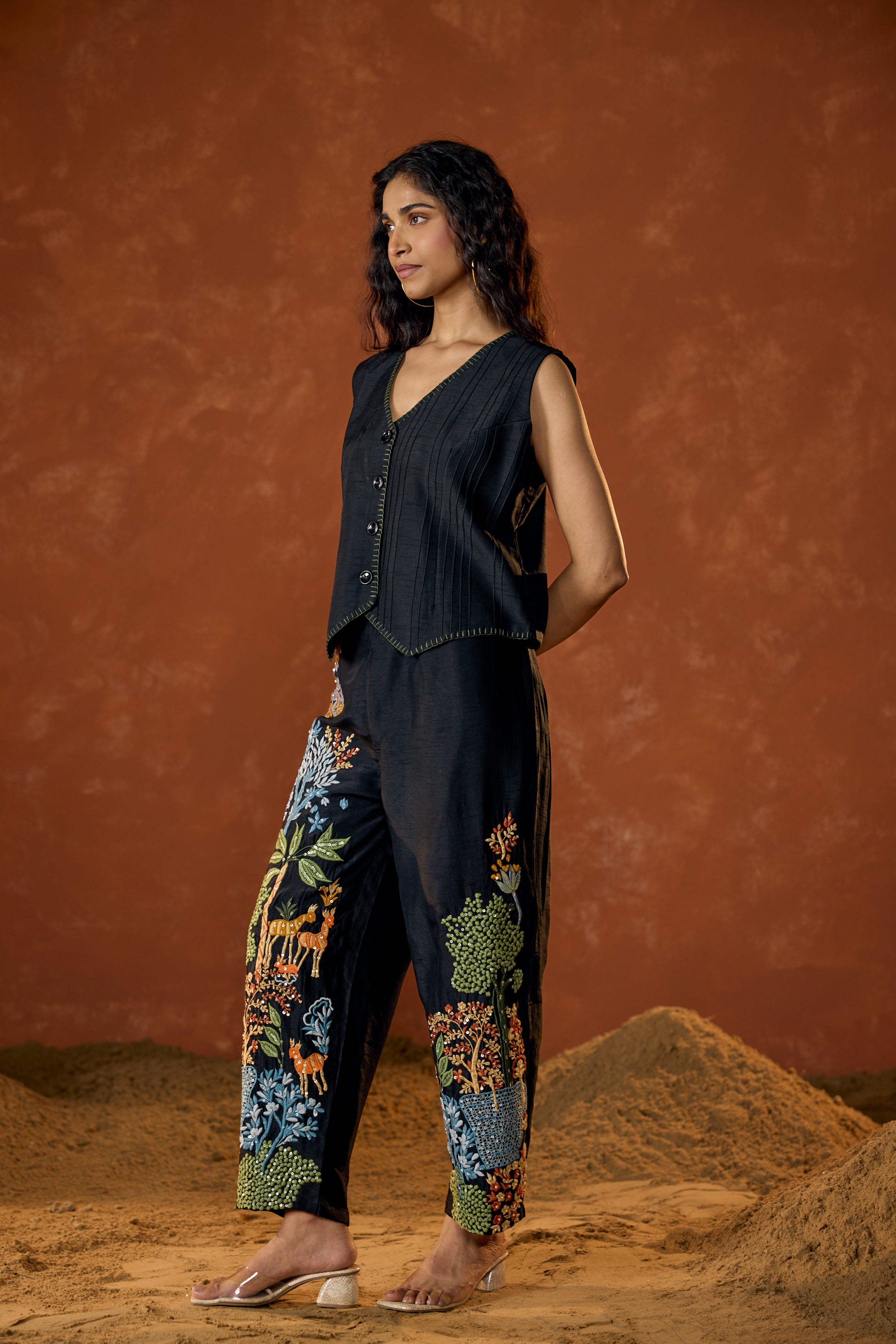 Classic Black Embroidered Raw Silk Co-Ord Set