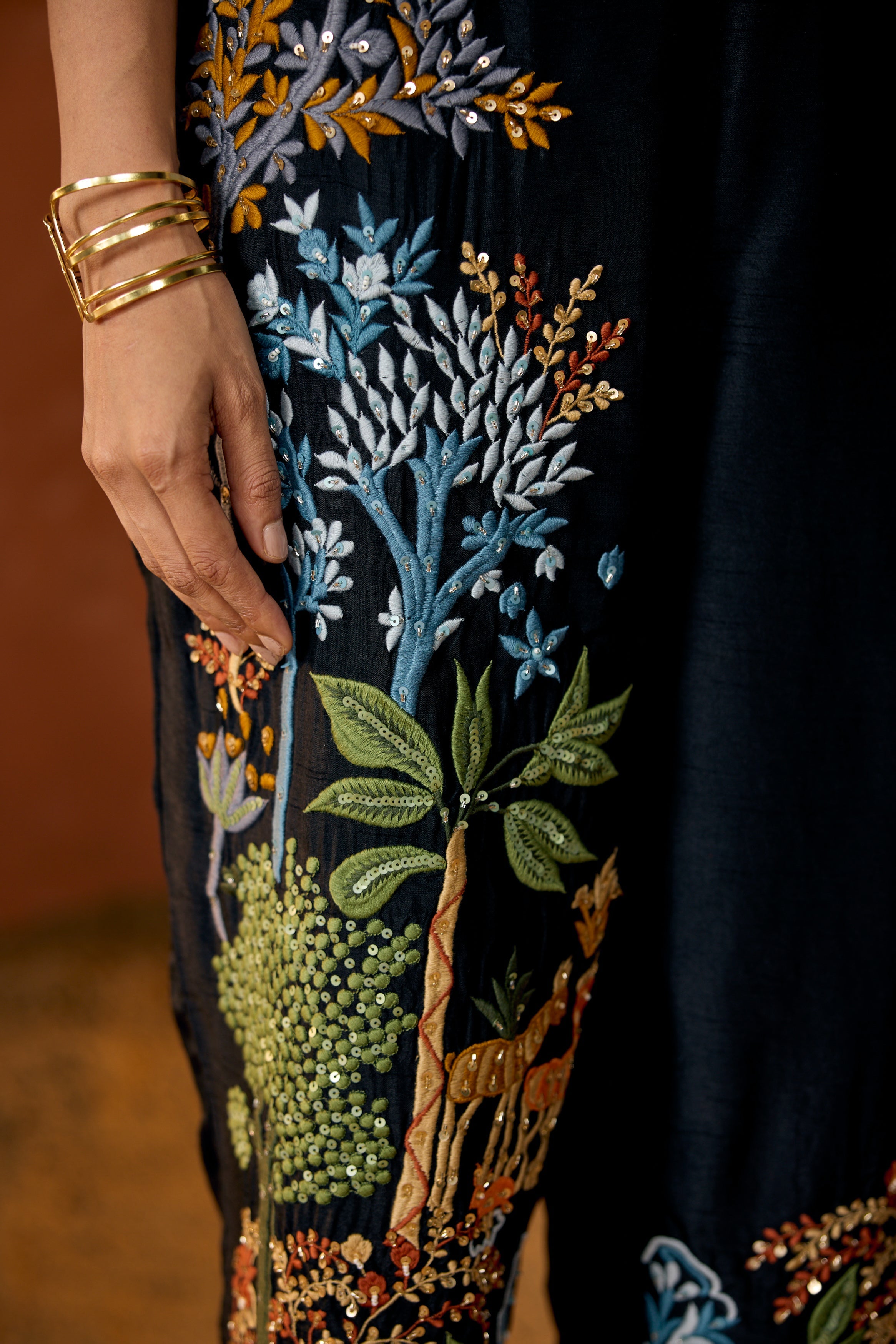 Classic Black Embroidered Raw Silk Co-Ord Set