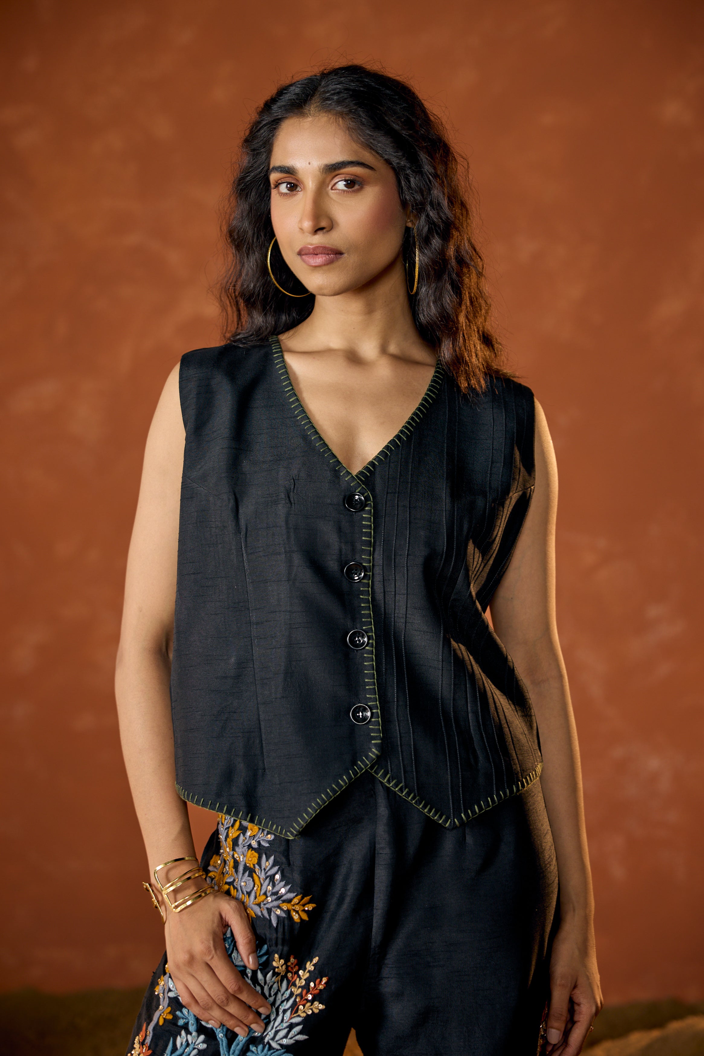Classic Black Embroidered Raw Silk Co-Ord Set
