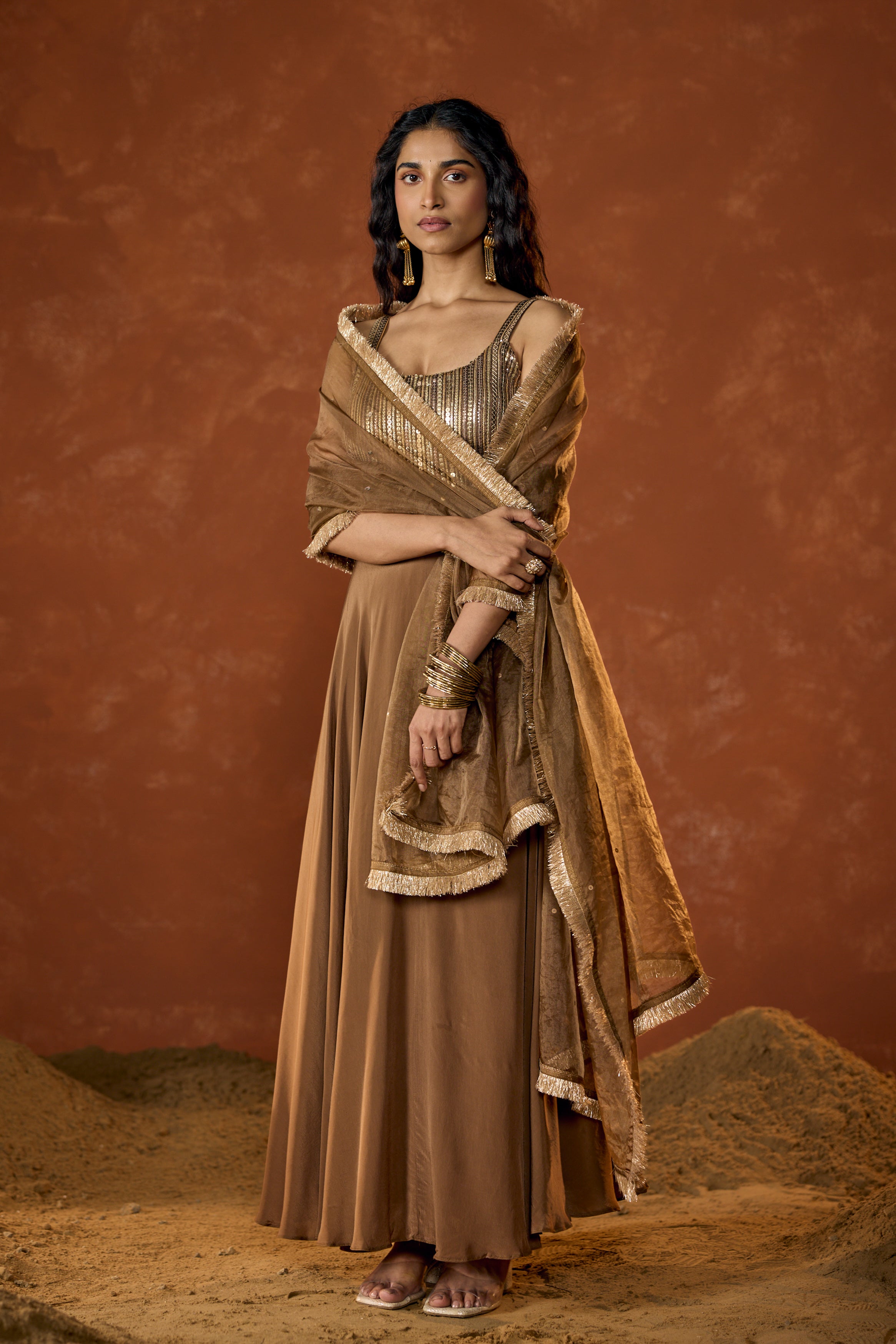 Caramel Gold Embellished Crepe Silk Anarkali Set