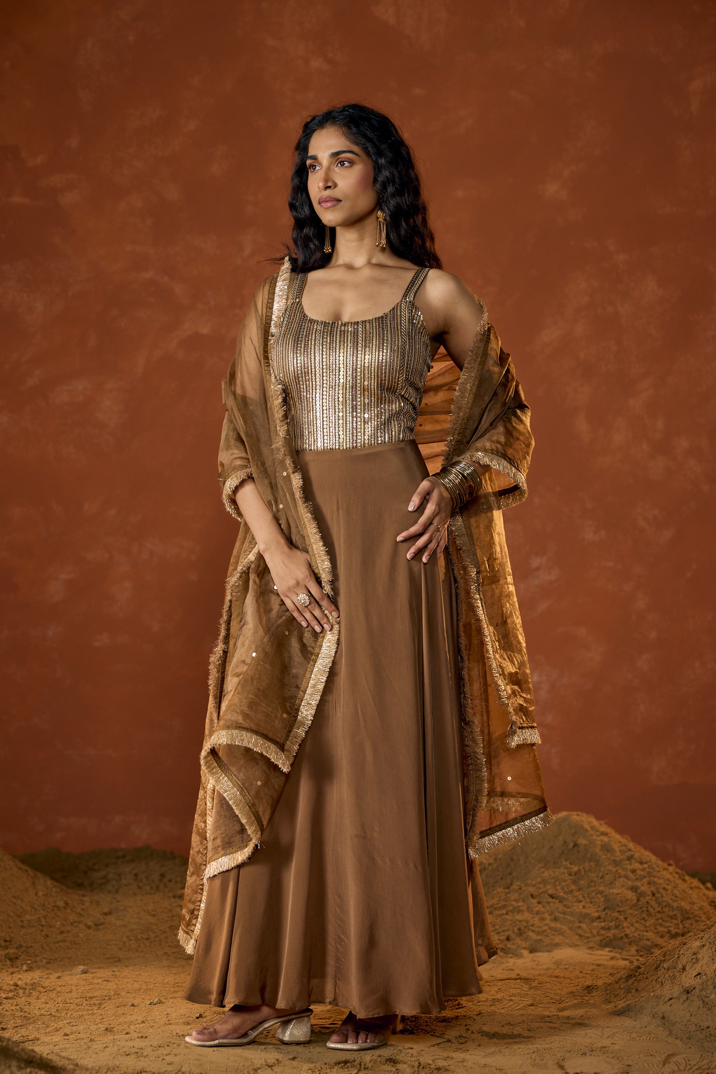 Caramel Gold Embellished Crepe Silk Anarkali Set