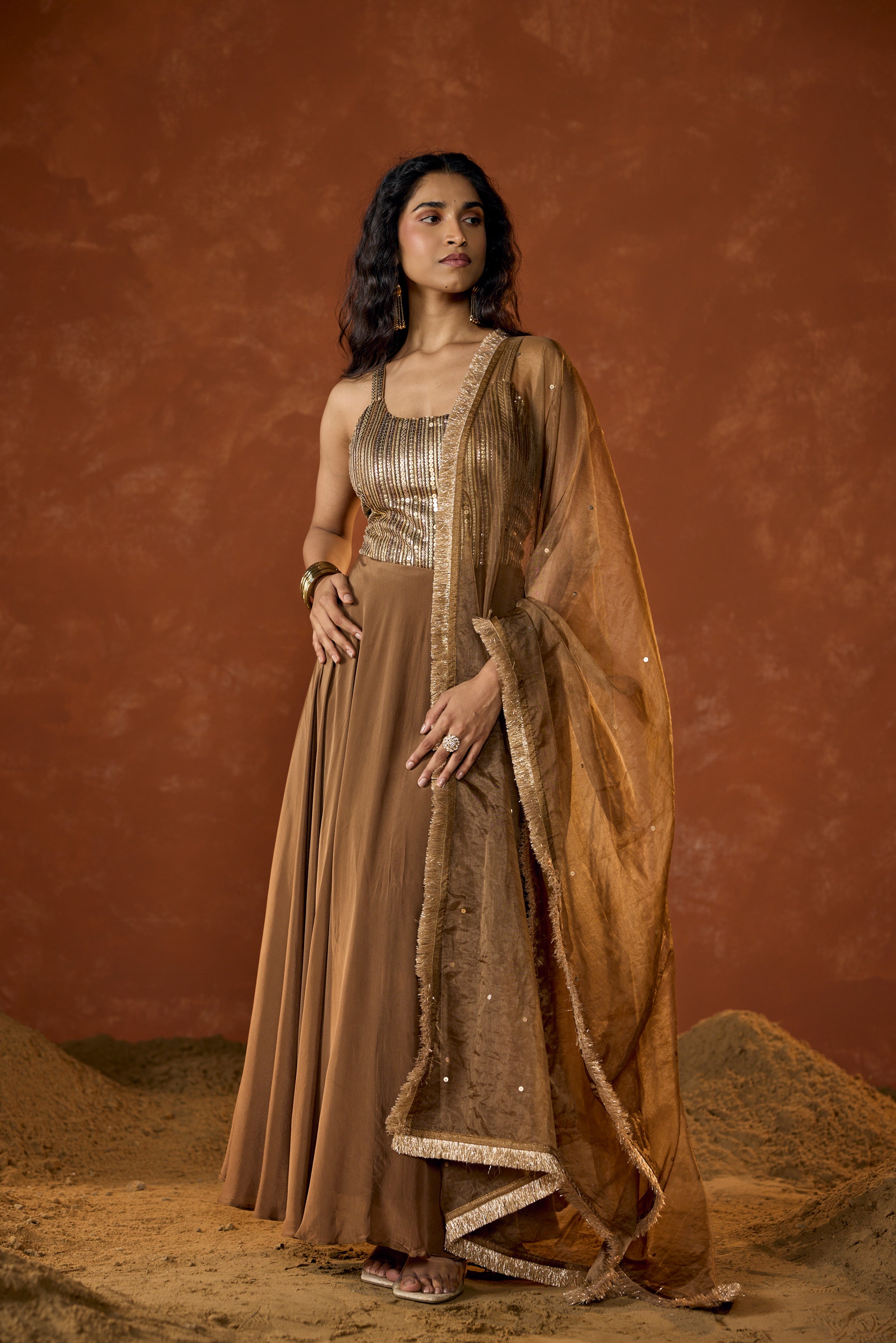 Caramel Gold Embellished Crepe Silk Anarkali Set