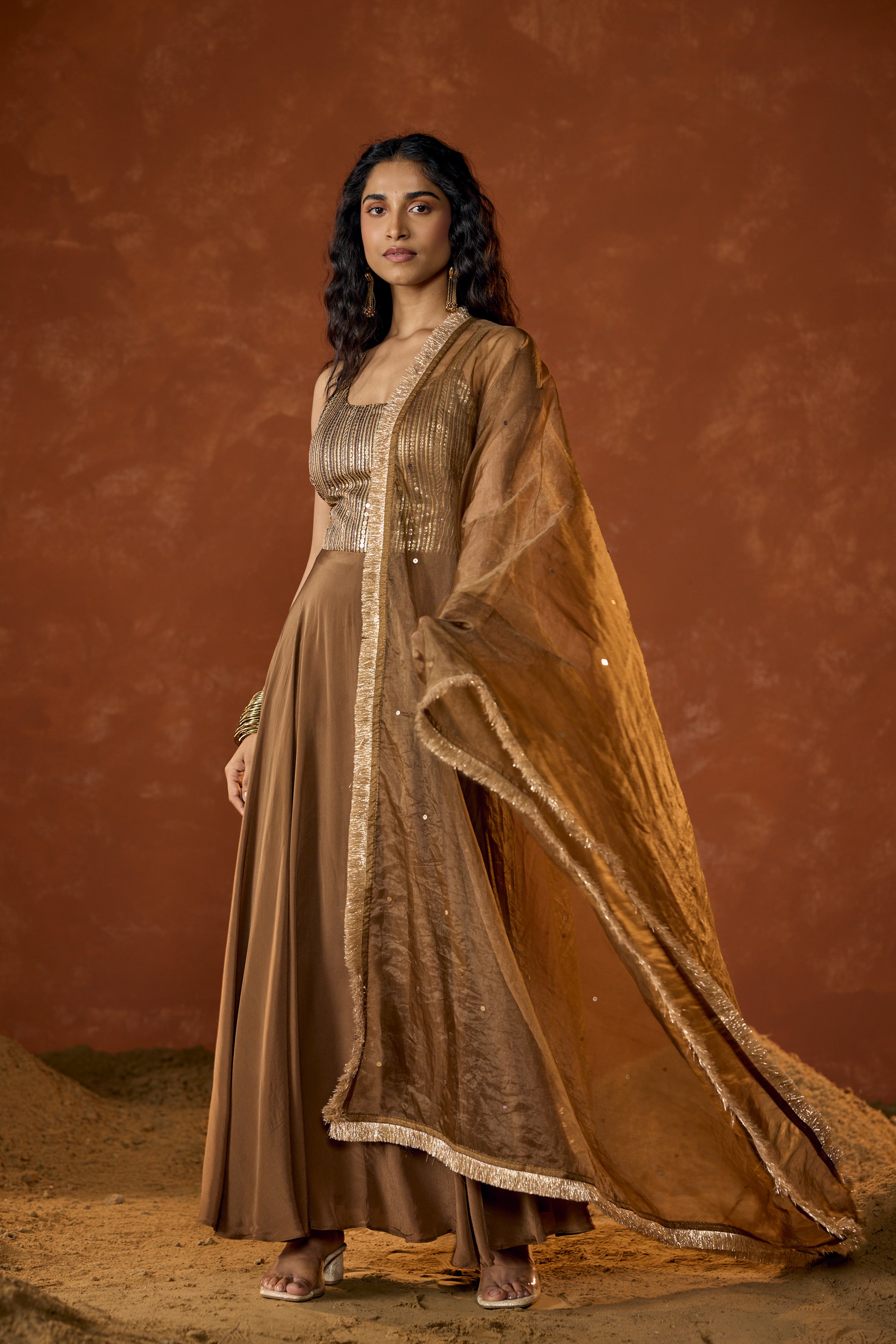 Caramel Gold Embellished Crepe Silk Anarkali Set