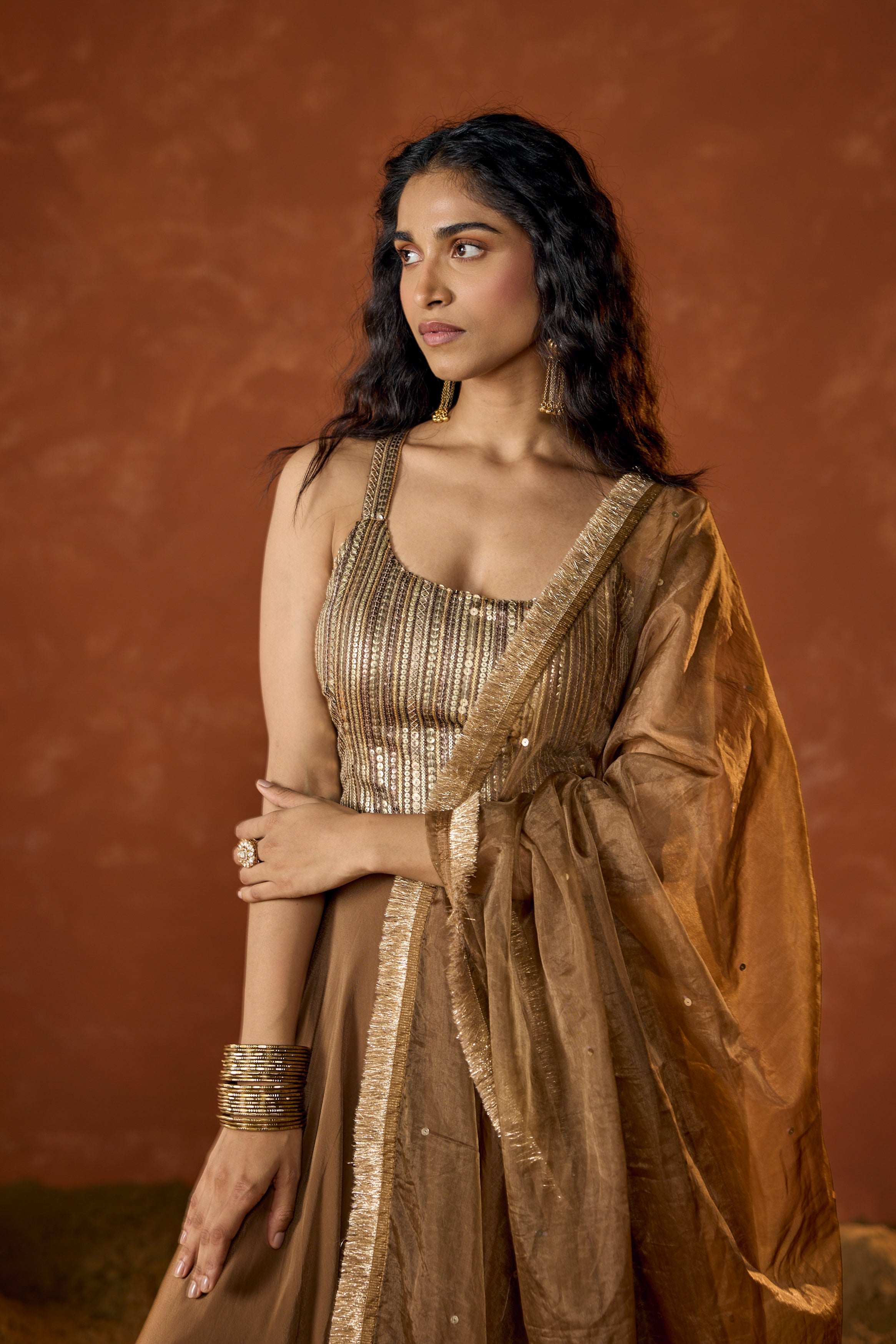 Caramel Gold Embellished Crepe Silk Anarkali Set